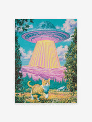 Surreal art print of a ginger cat standing in a meadow looking up at a glowing UFO above pink hills