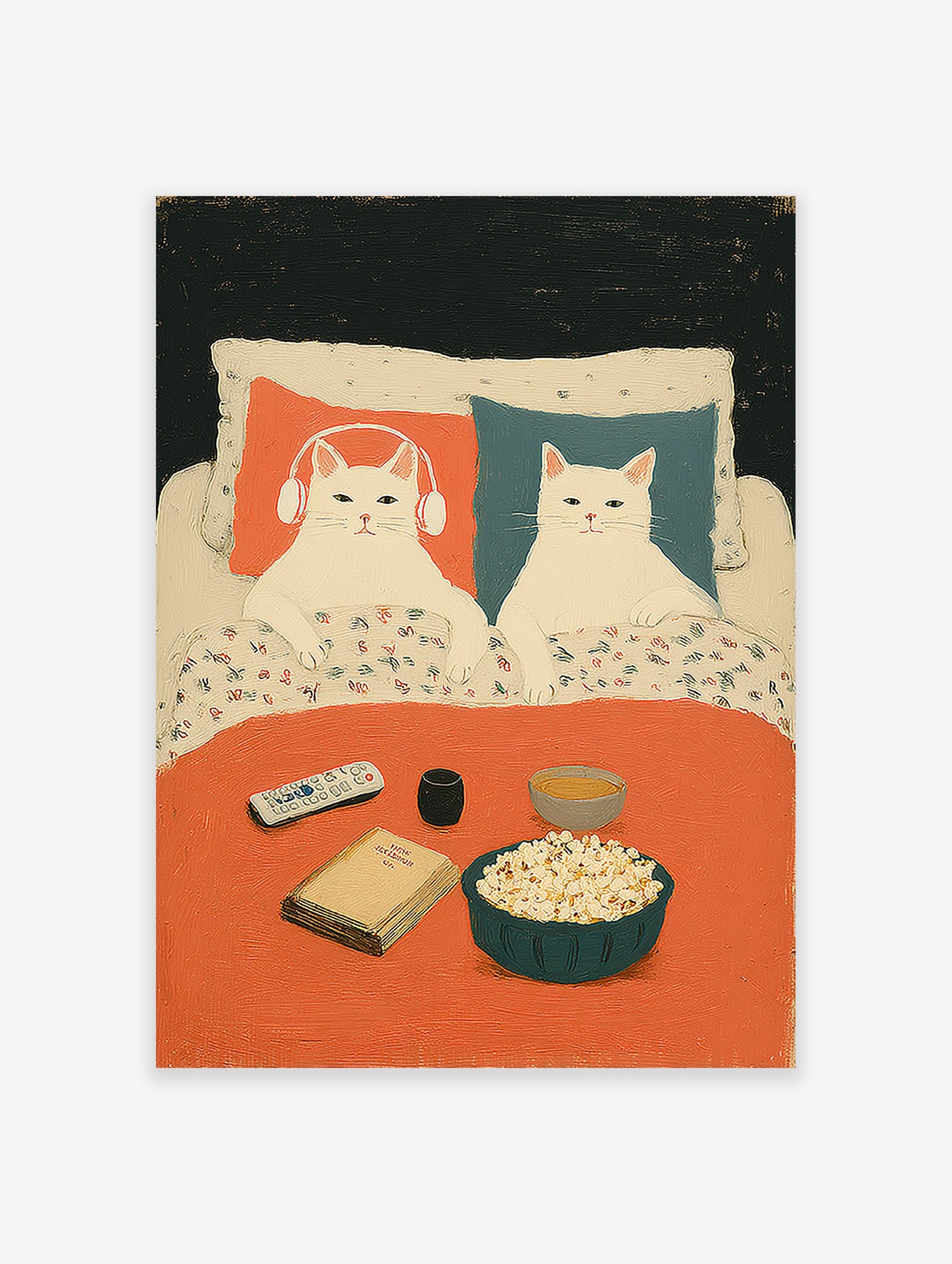 Illustration of two white cats relaxing in bed with popcorn, a book, and remote. One cat wears headphones. Cozy cat art print.