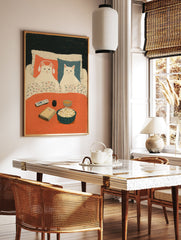 Illustration of two white cats relaxing in bed with popcorn, a book, and remote. One cat wears headphones. Cozy cat art print. - Image 2