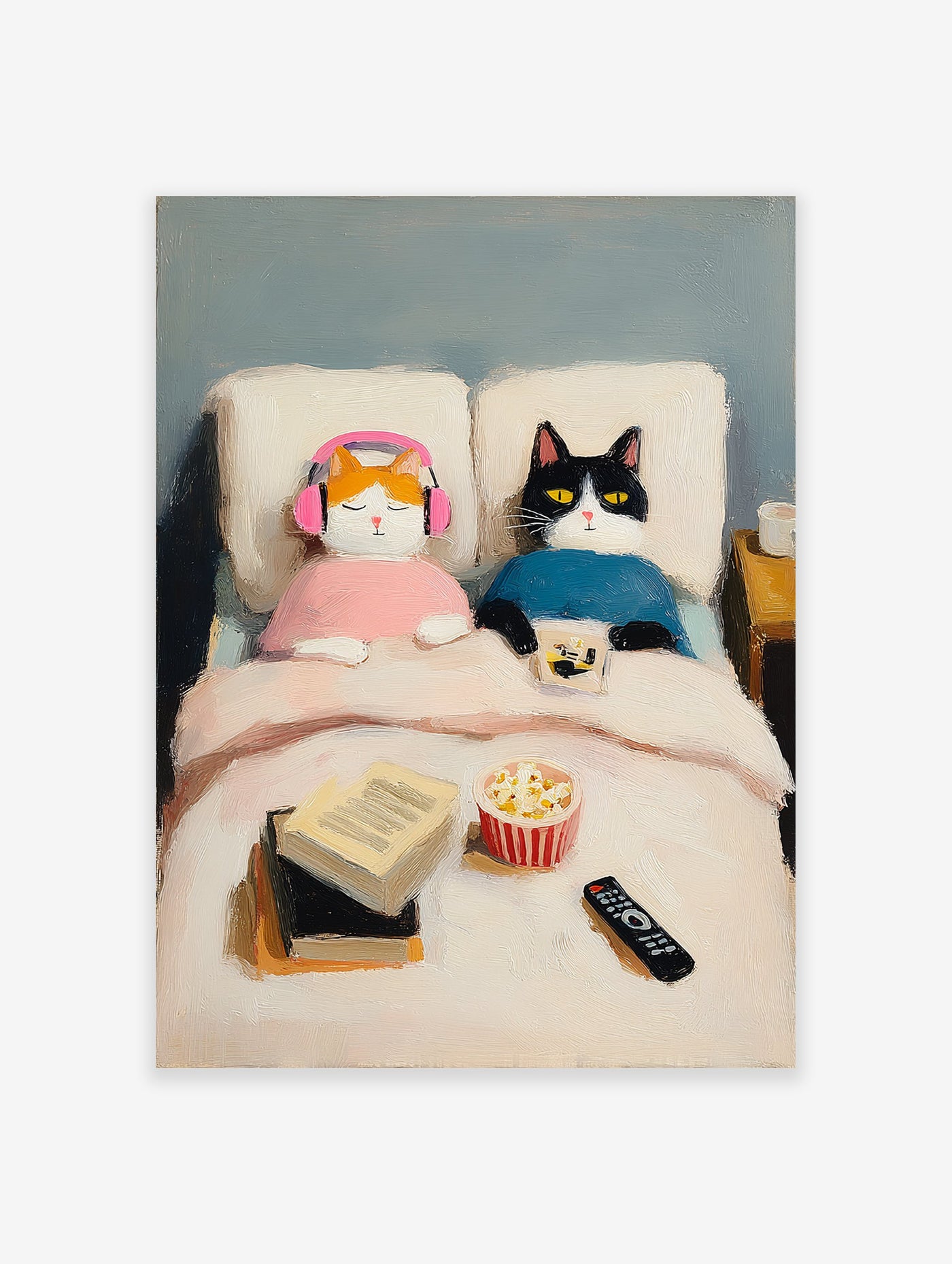 Oil painting of two cats in bed, one orange with pink headphones, one black and white with a remote, popcorn and books nearby. Cat Art.