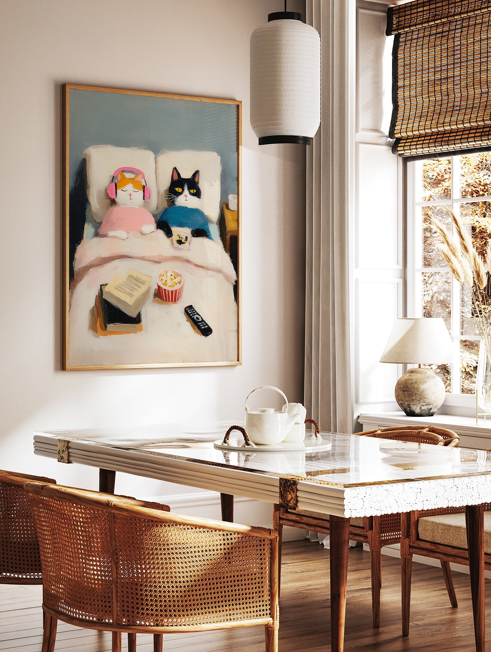Oil painting of two cats in bed, one orange with pink headphones, one black and white with a remote, popcorn and books nearby. Cat Art. - Image 2