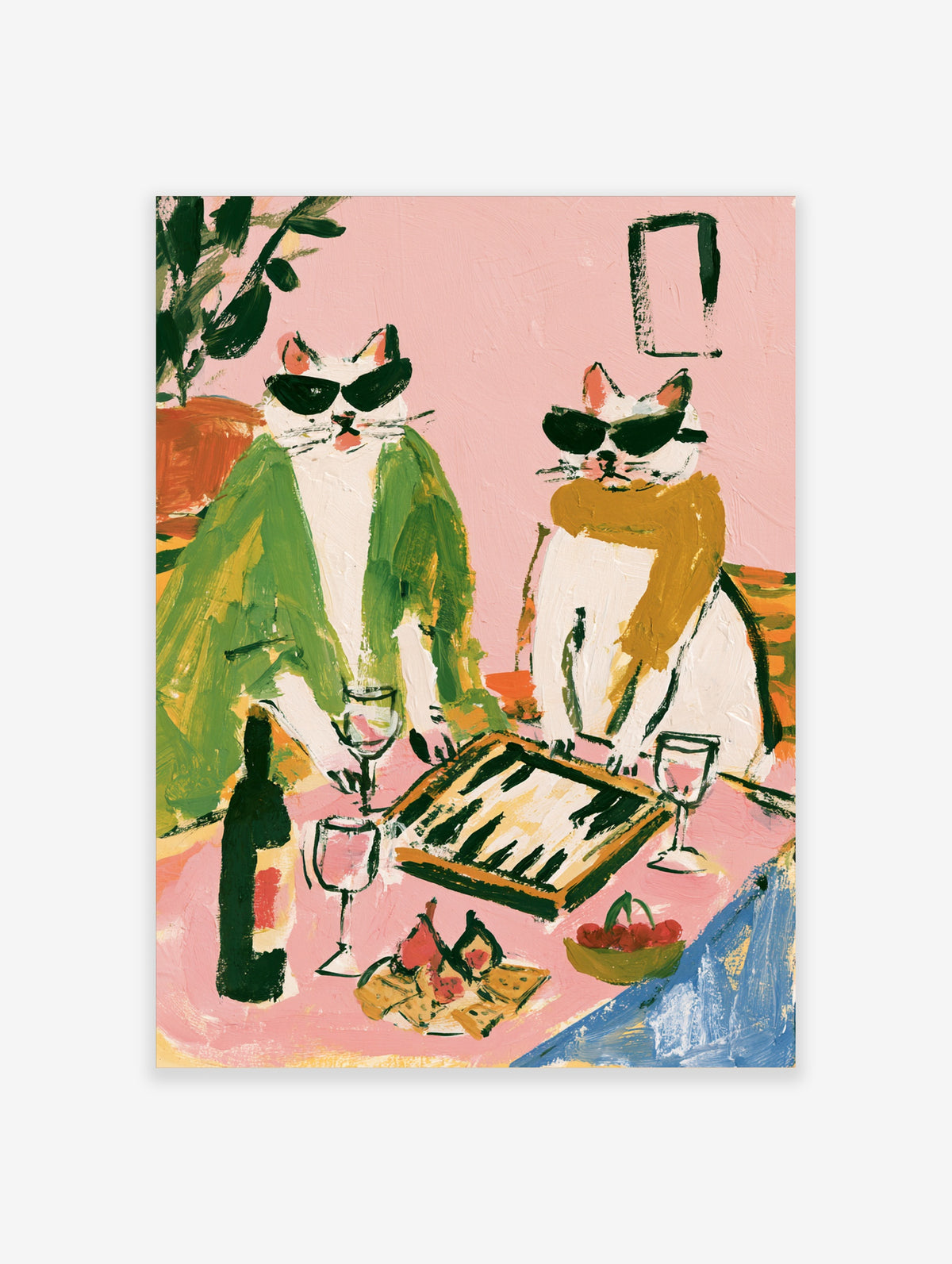 Two white cats in sunglasses playing backgammon with wine and cherries on a pink background, retro cat poster