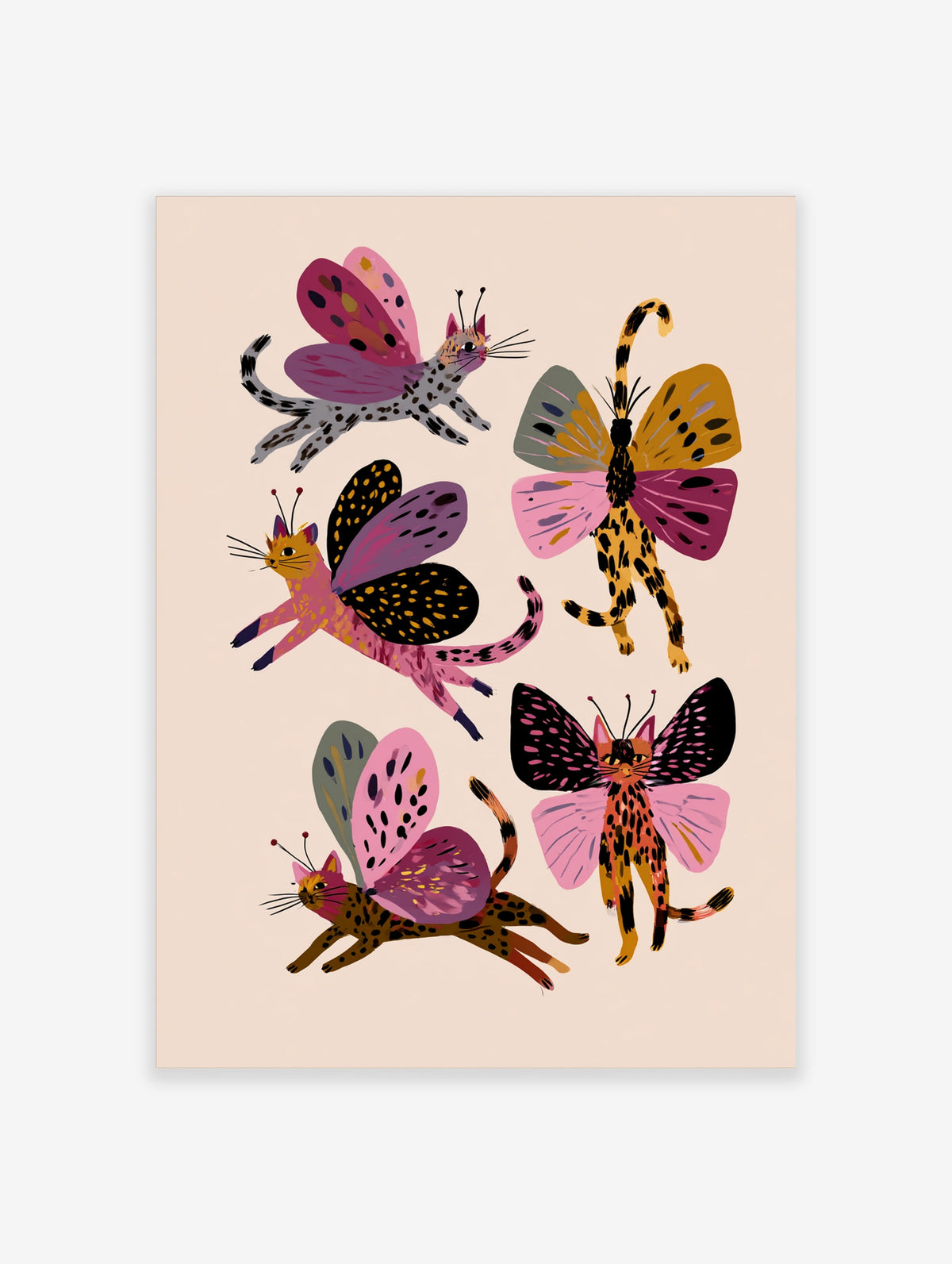 Whimsical cat butterfly wall art with five cats in pink, yellow, and purple wings on cream background