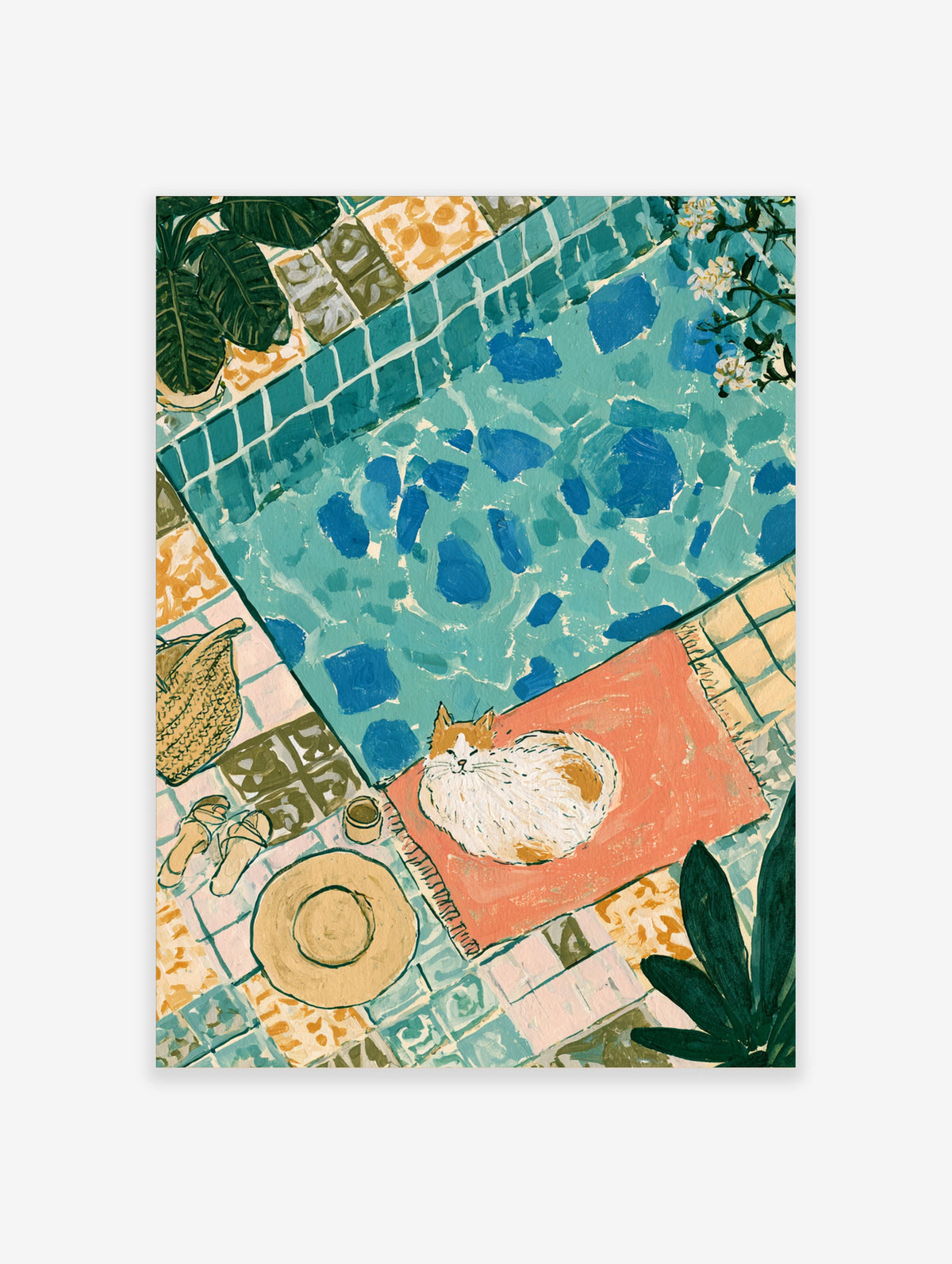 Illustrated cat sleeping on coral towel by blue pool with straw hat and plants