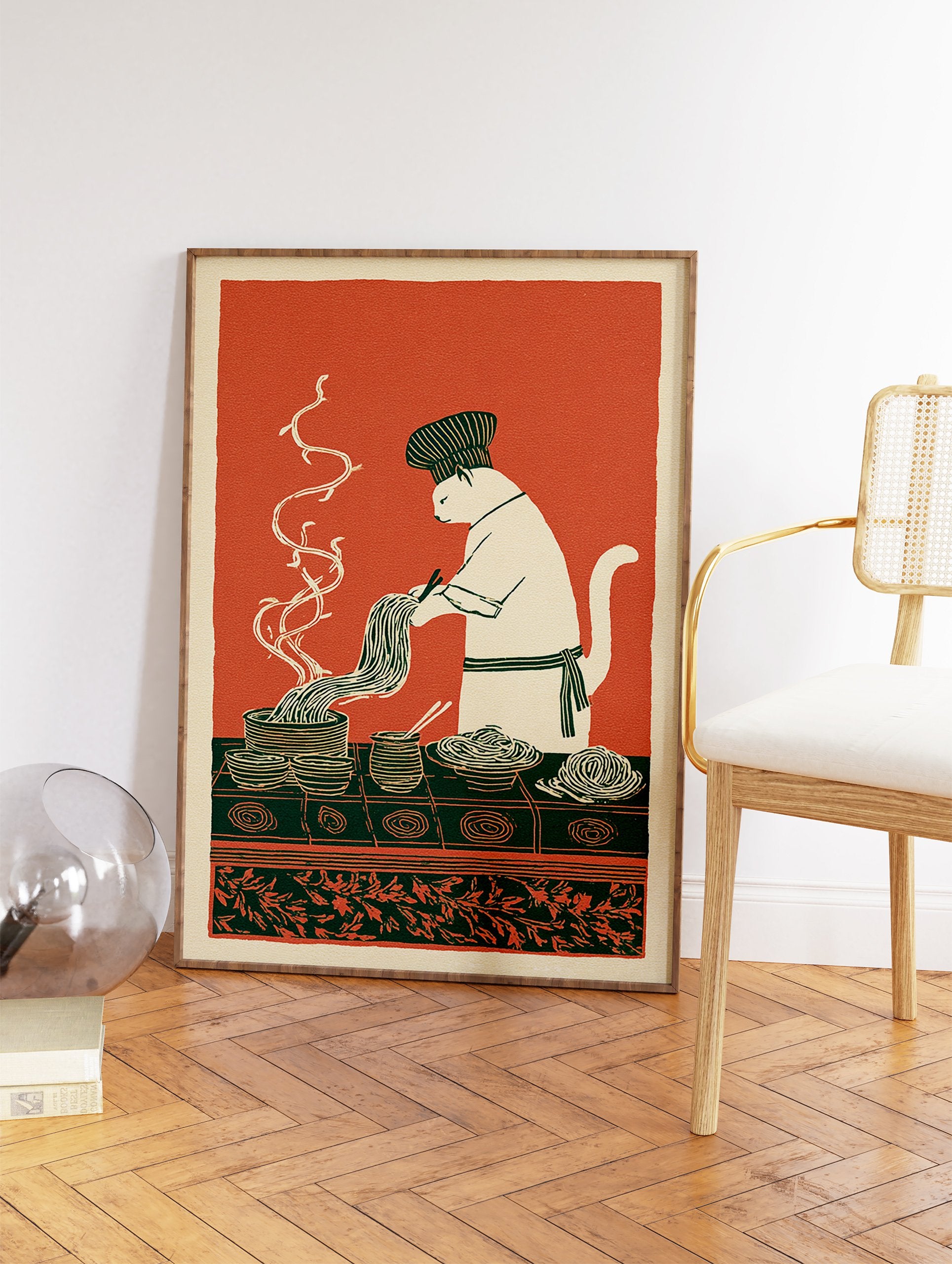 Illustrated cat chef wearing a hat and apron, cooking noodles with chopsticks on a green table, with bowls and steam. - Image 2