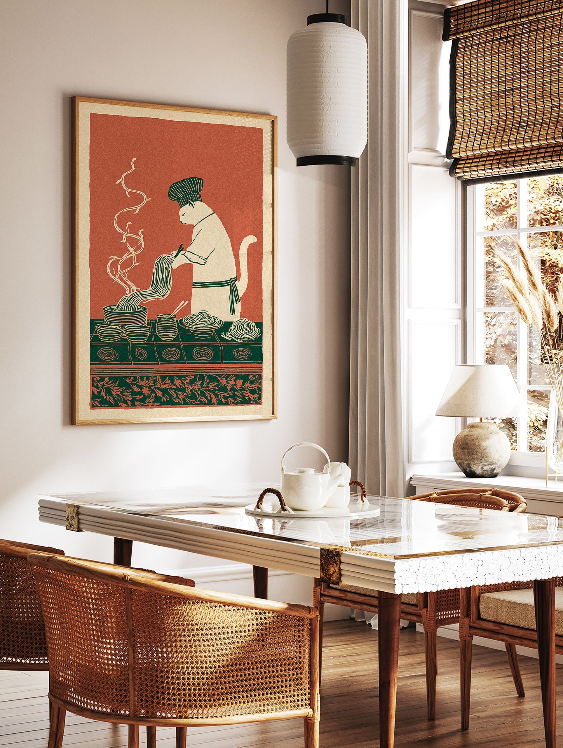 Illustrated cat chef wearing a hat and apron, cooking noodles with chopsticks on a green table, with bowls and steam. - Image 3