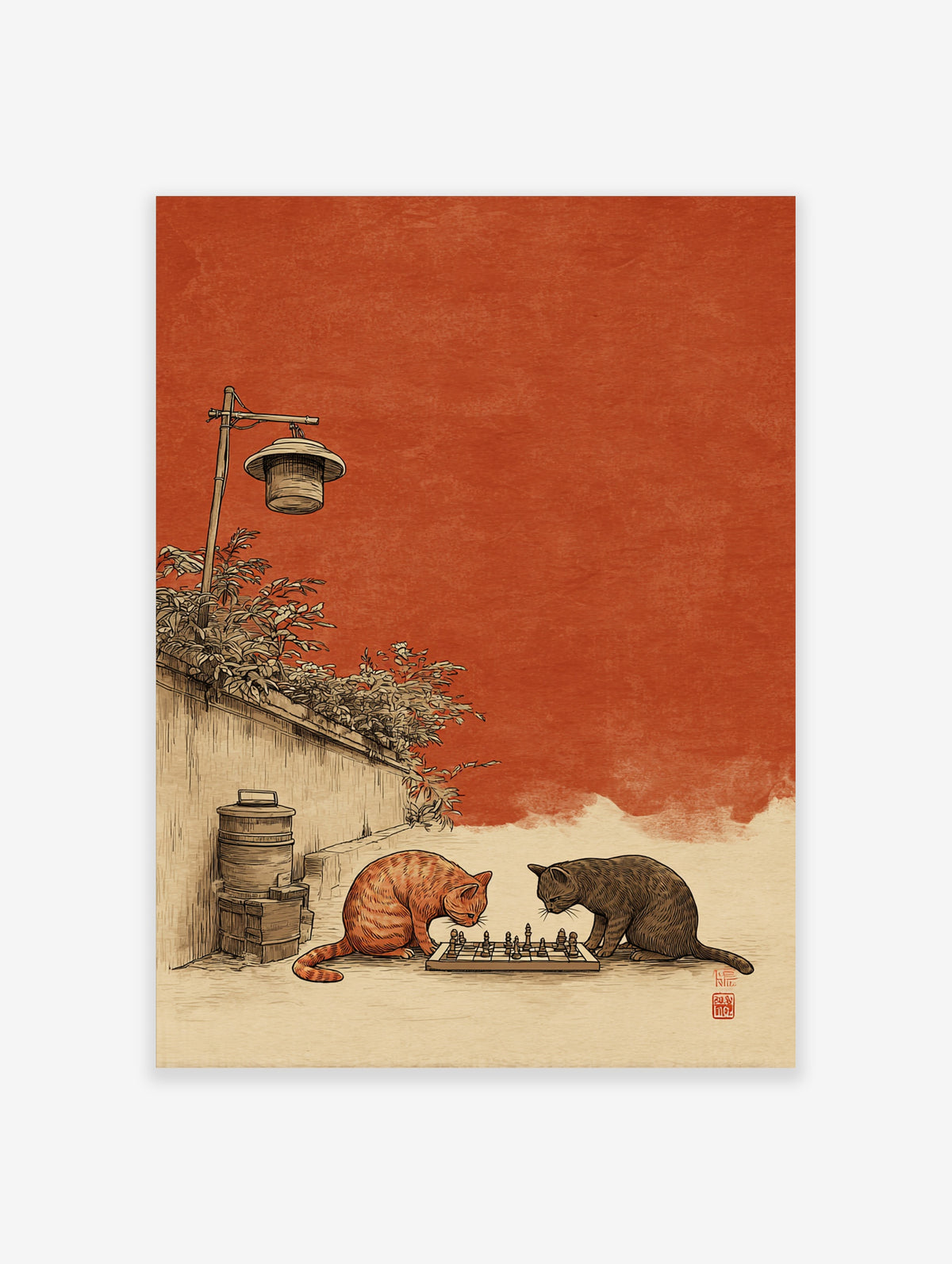 Cat chess poster with ginger and grey cats playing chess under a streetlamp on an orange background