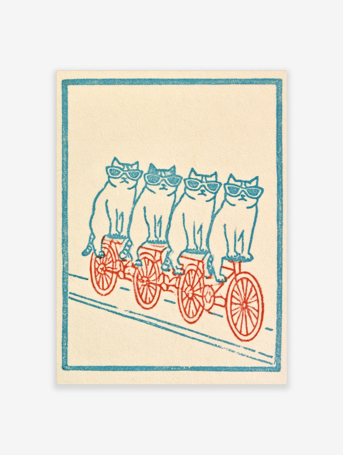 Four cats in sunglasses riding a red tandem bicycle, blue and red sketch on cream paper