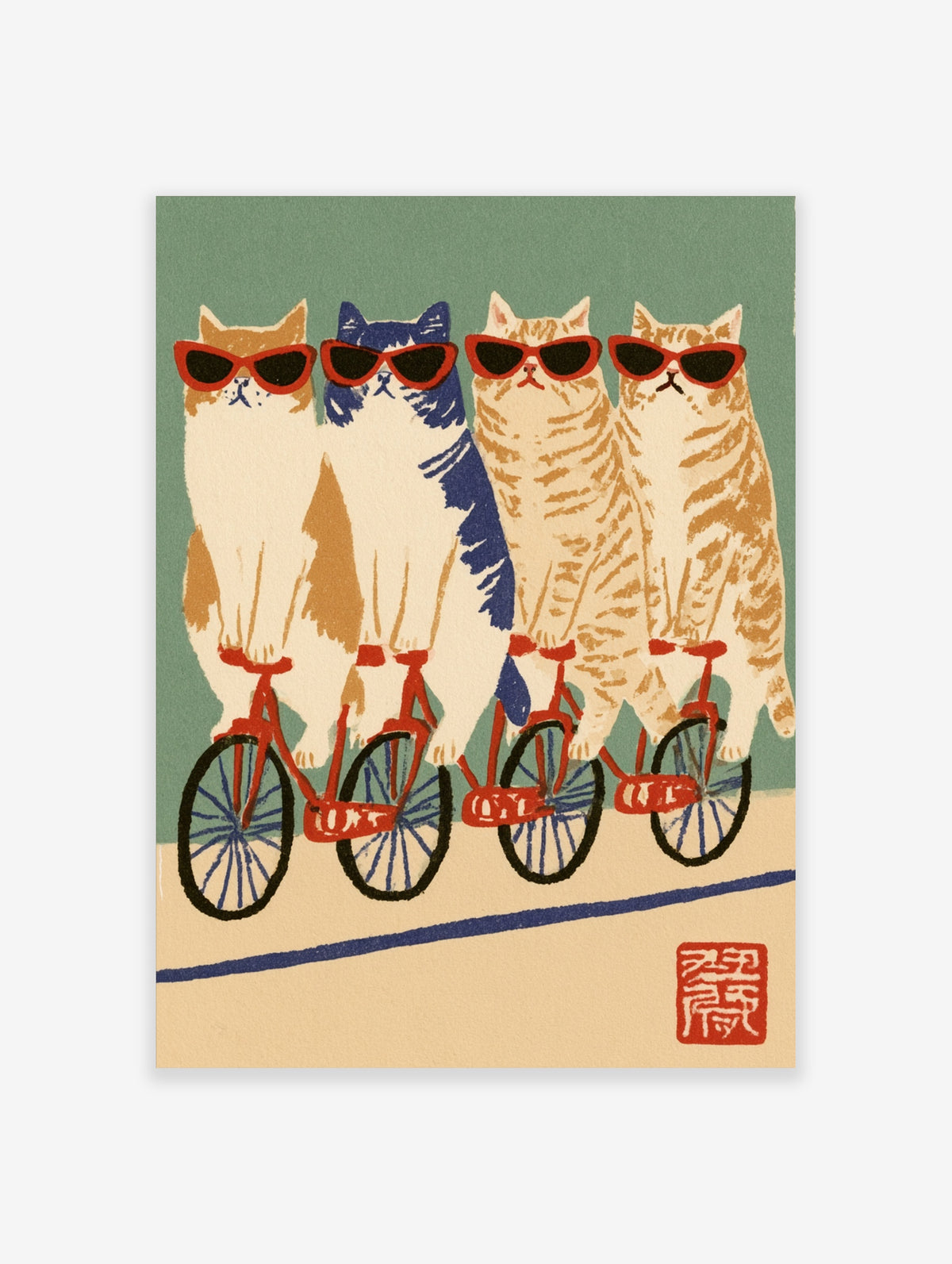 Four cats in sunglasses riding red bicycles in a row, retro cat print