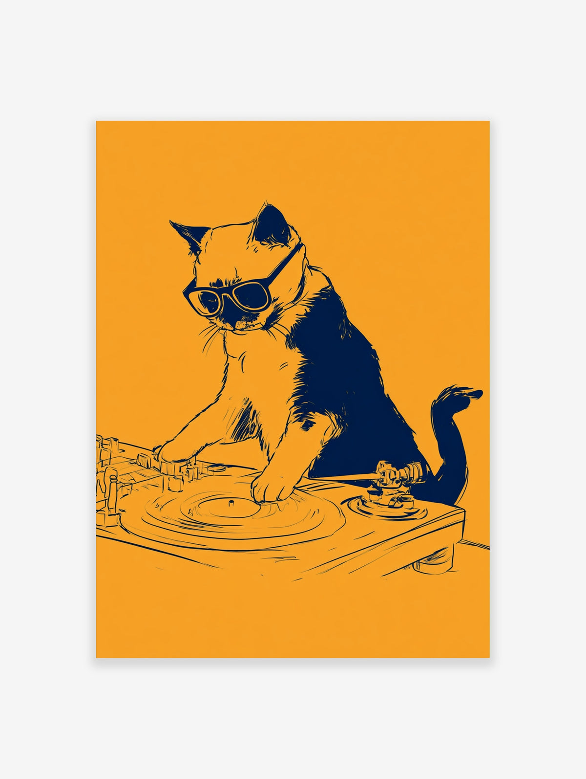 Illustrative cat DJ wearing sunglasses on a turntable, dark blue graphic on an orange background wall art print