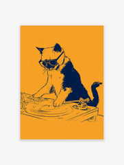 Illustrative cat DJ wearing sunglasses on a turntable, dark blue graphic on an orange background wall art print