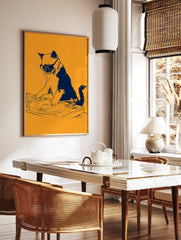 Illustrative cat DJ wearing sunglasses on a turntable, dark blue graphic on an orange background, in a styled room mockup