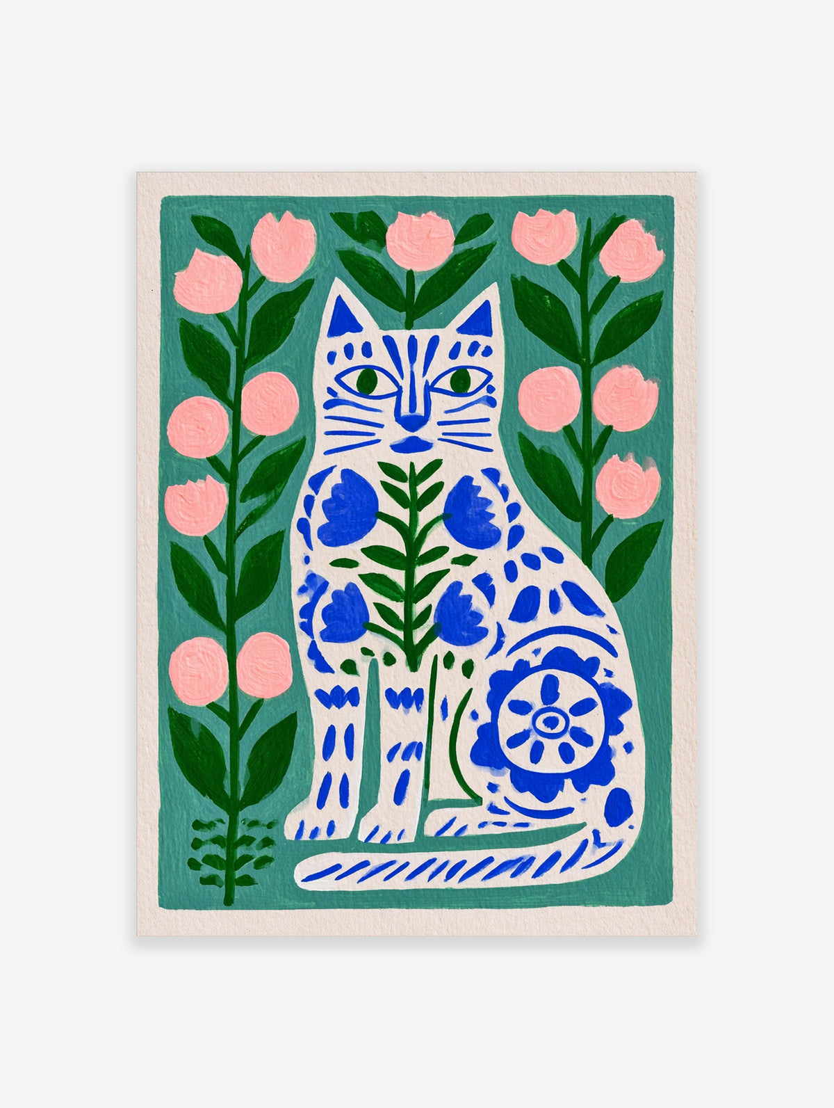 Illustrative cat wall art with blue folk-art floral patterns on a green background with pink flowers