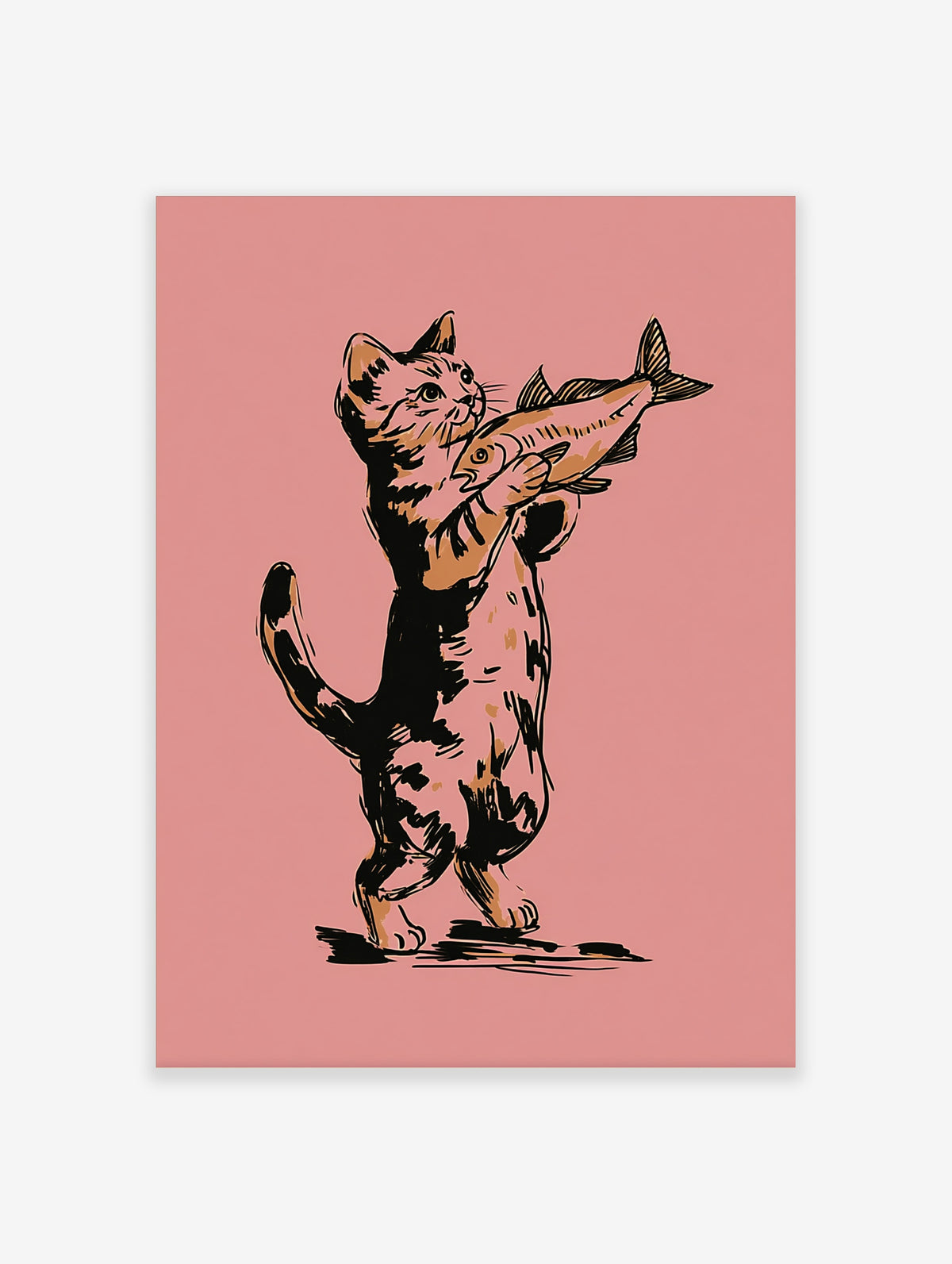 Cat standing holding a fish, black ink illustration on pink background, animal art print