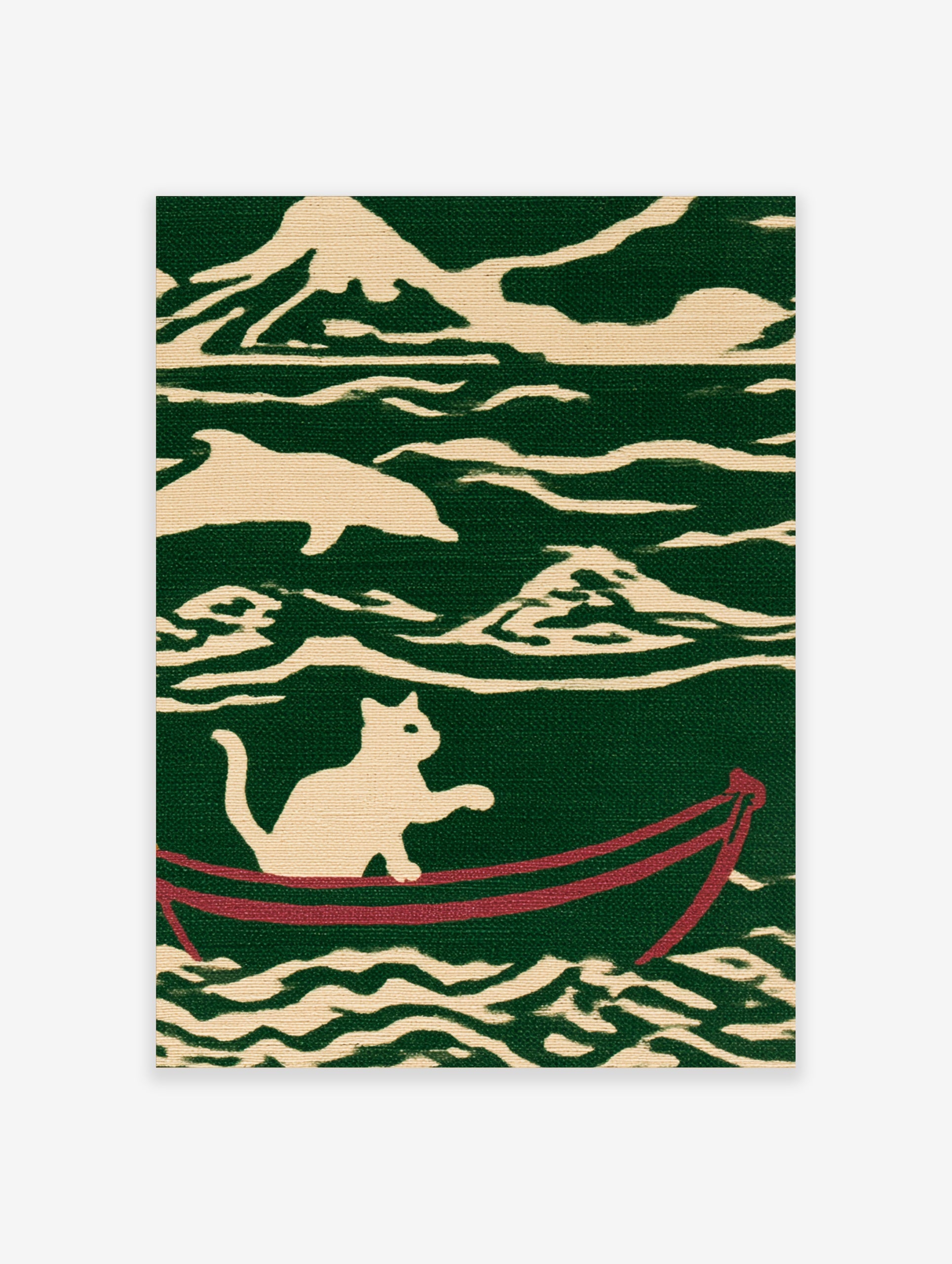 Illustrative art print of a white cat sitting in a red boat on stylized green and cream ocean waves