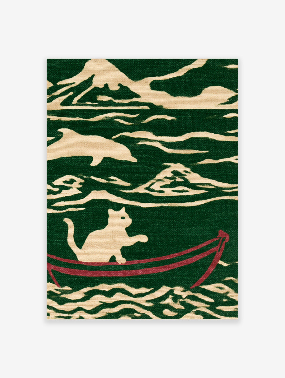 Illustrative art print of a white cat sitting in a red boat on stylized green and cream ocean waves