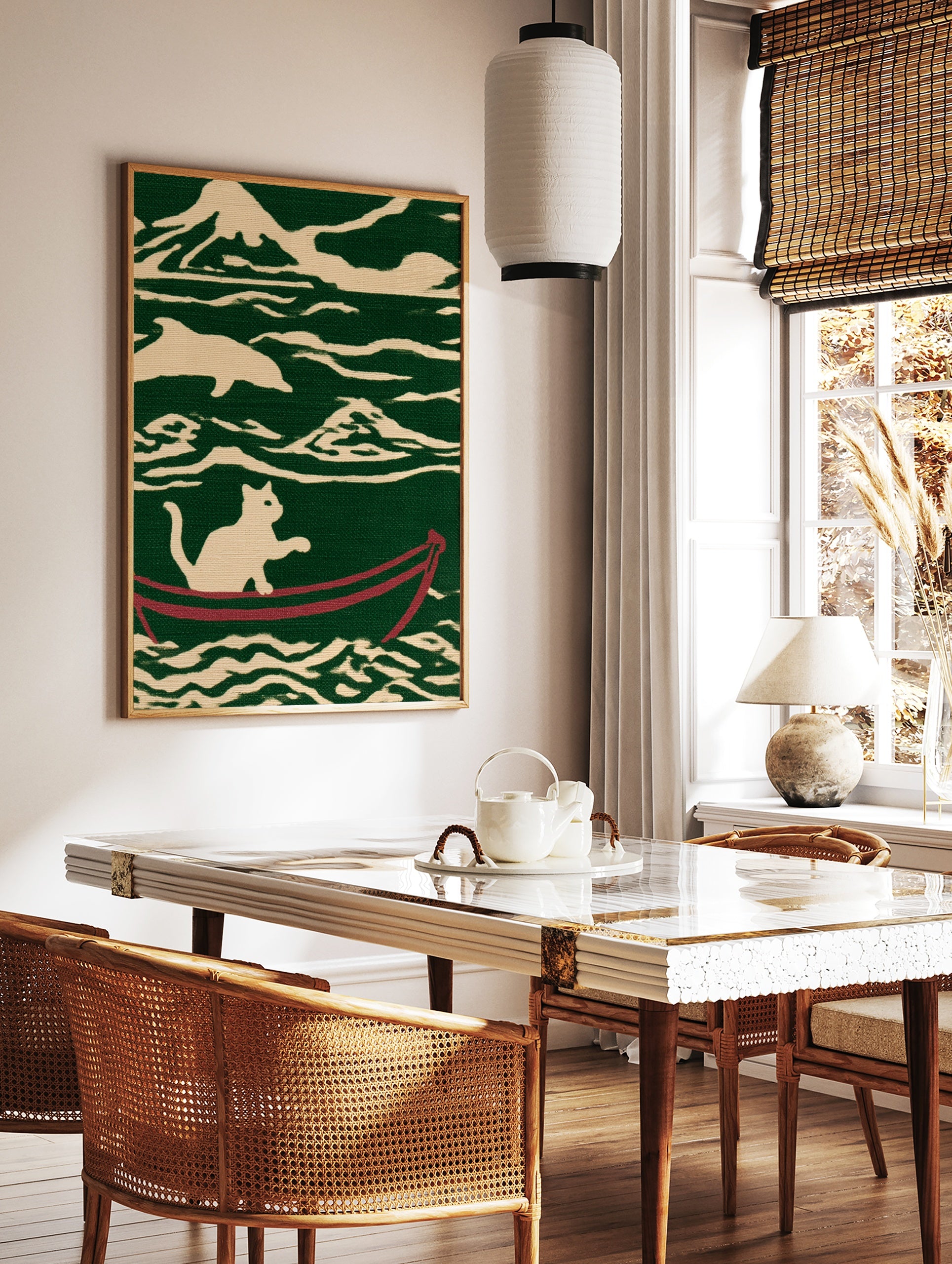 Illustrative art print of a white cat sitting in a red boat on stylized green and cream ocean waves, in a styled room mockup