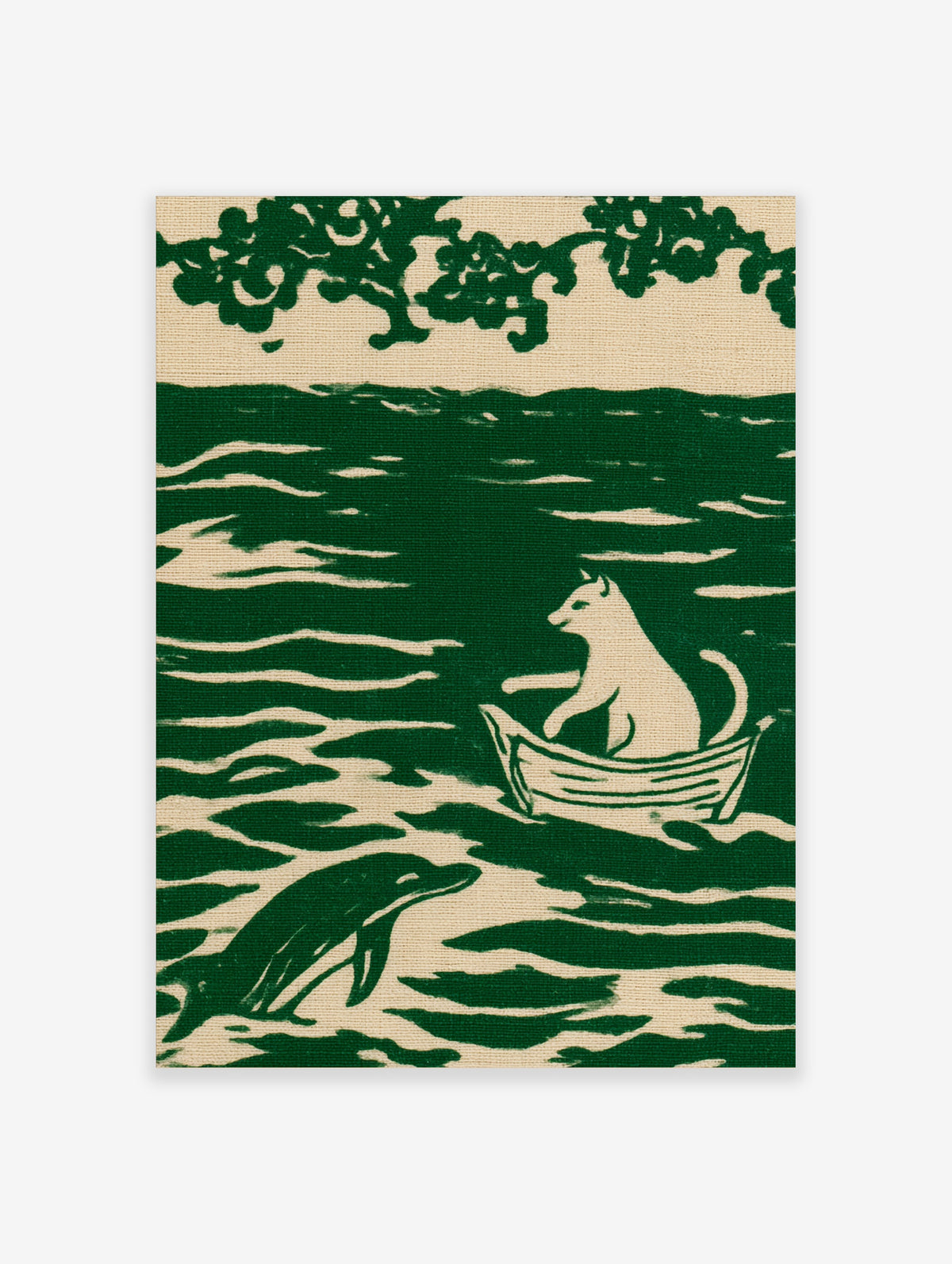 Illustration of a cat sitting in a boat on wavy water with a dolphin, printed in green and off-white