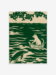 Illustration of a cat sitting in a boat on wavy water with a dolphin, printed in green and off-white