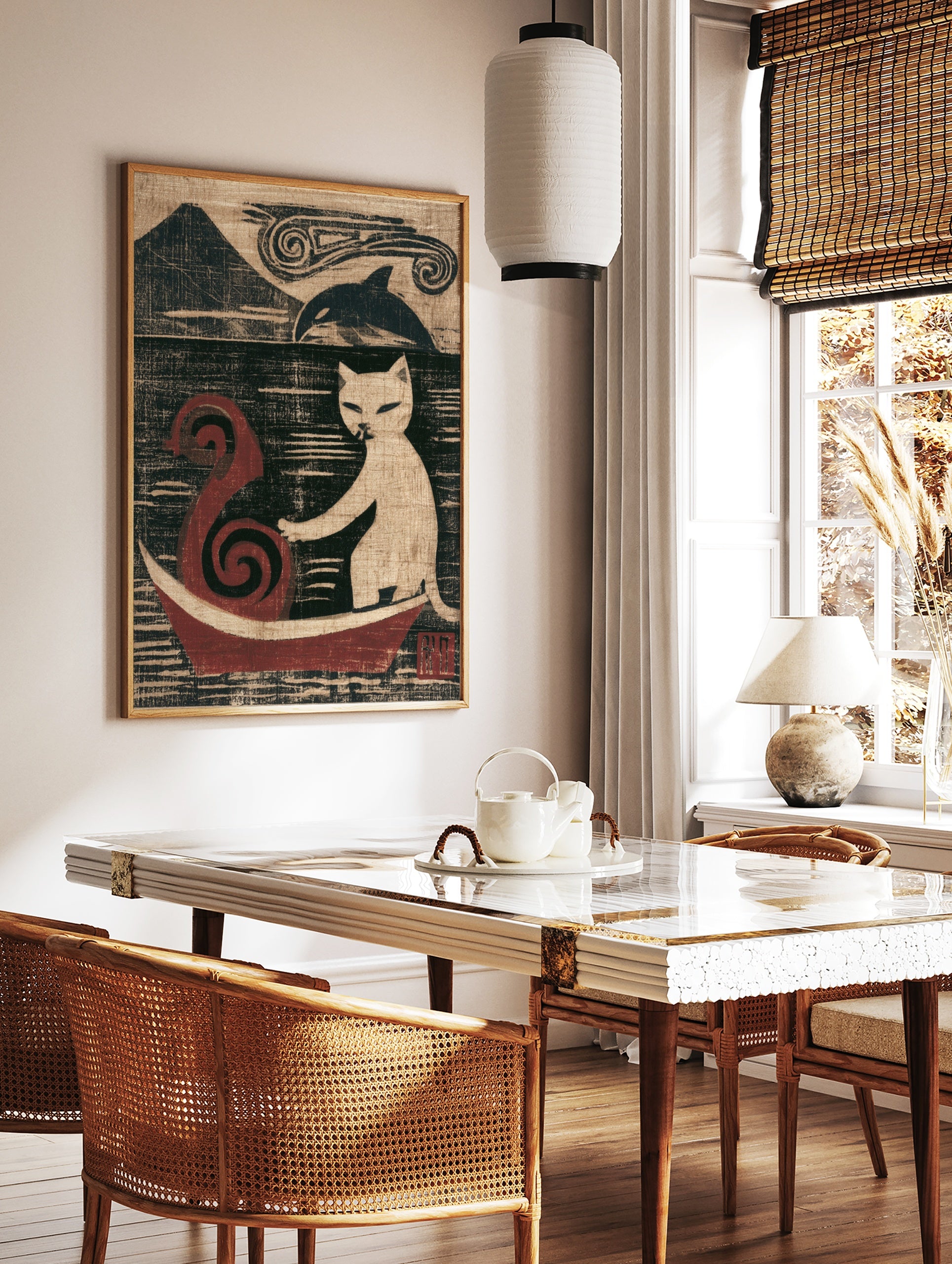 Stylised art print of a white cat in a red boat with a mountain and orca in the background, in a styled room mockup