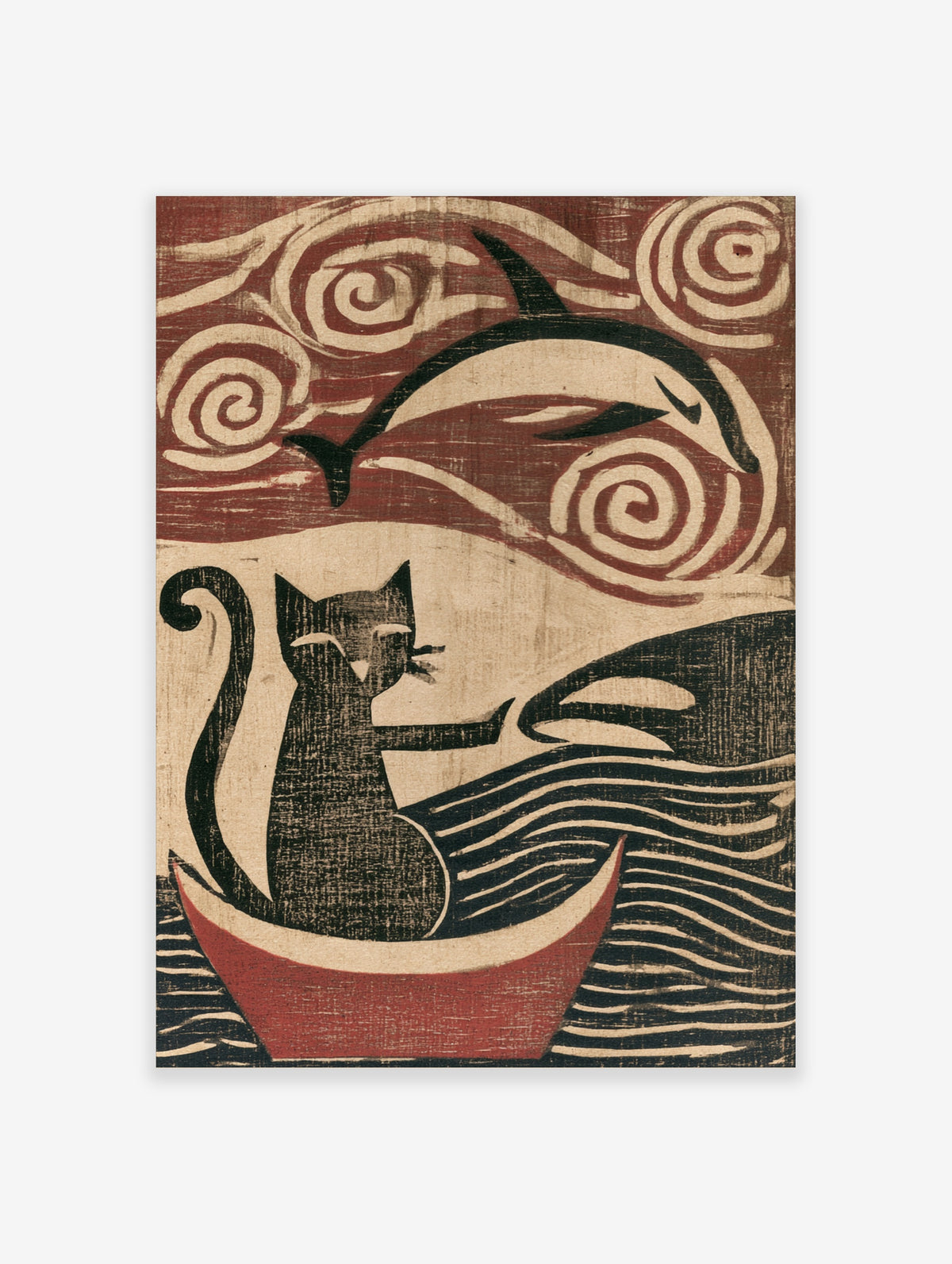 Woodblock style art print of a cat in a boat reaching for a dolphin with swirling sky and wave patterns