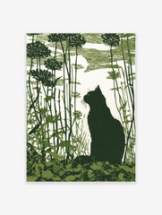 Dark green linocut-style print of a cat silhouette in a garden with tall plants and a moon