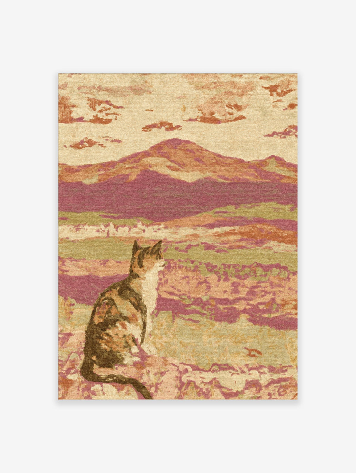 Impressionistic art print of a calico cat sitting in a landscape with hills and clouds, earthy tones