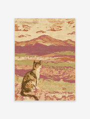 Impressionistic art print of a calico cat sitting in a landscape with hills and clouds, earthy tones