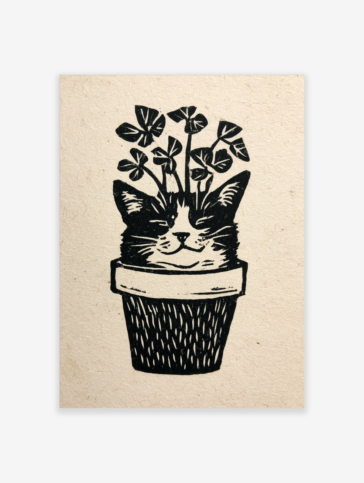 Linocut style illustration of a cat face emerging from a plant pot with clover leaves, black and white print