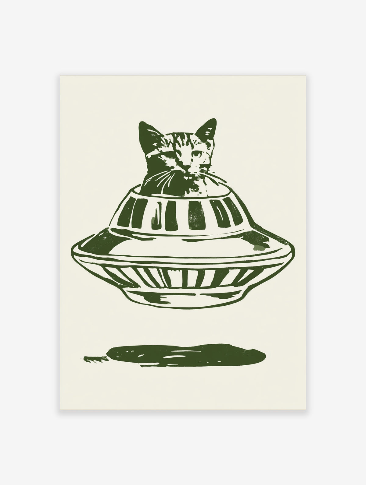 Retro cat in UFO poster with striped dome and dark green ink on cream background