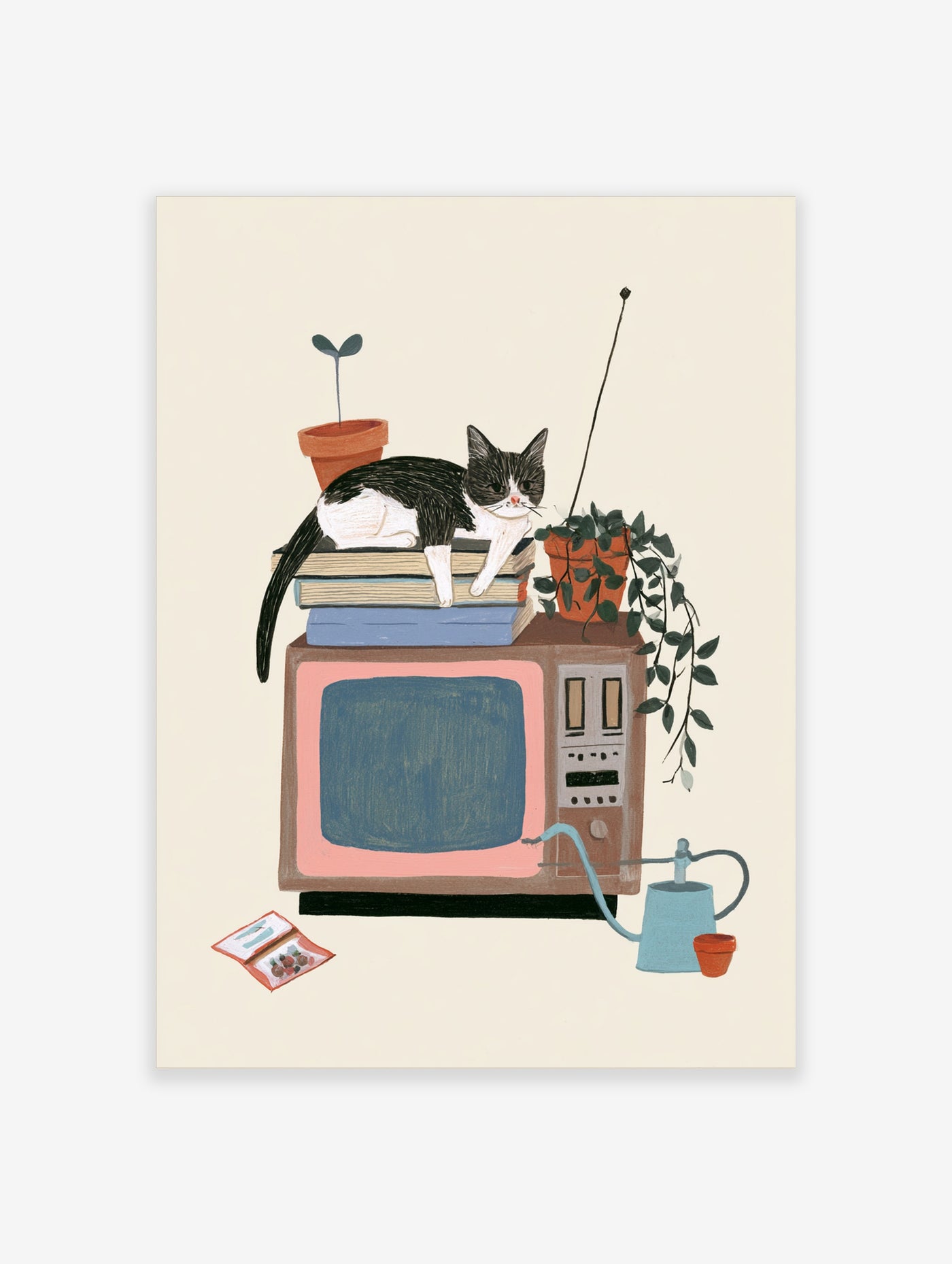 Illustrated cat on books atop retro TV with plants and watering can, unframed paper print