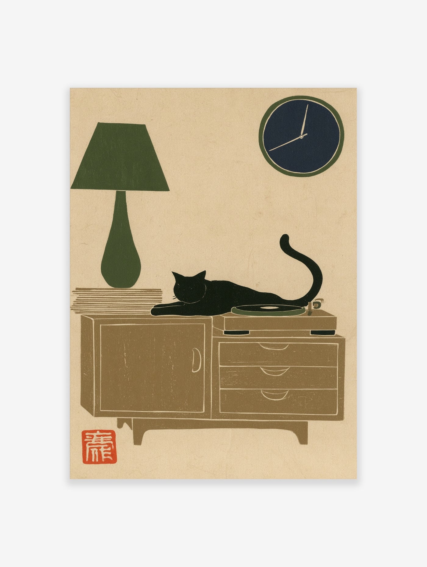 Minimalist illustration of a black cat on a record player and sideboard with a green lamp and dark clock on beige paper