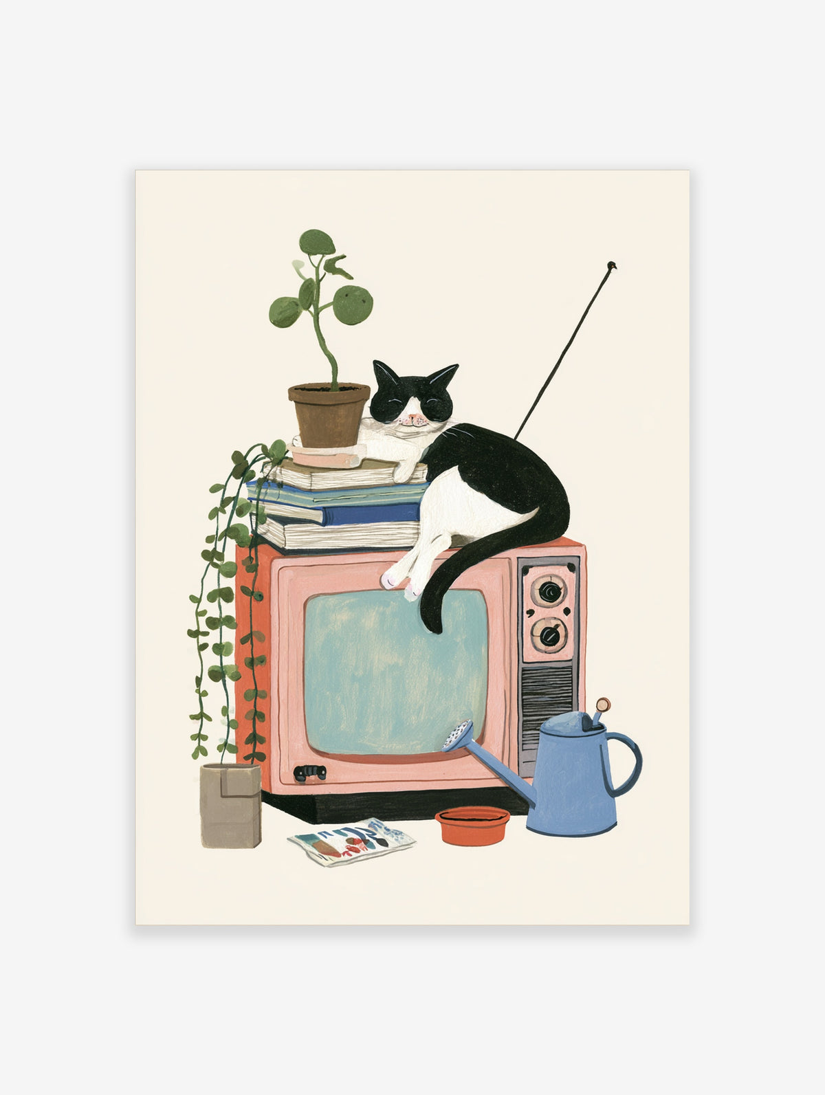 Black and white cat on books atop pink retro TV with plant and blue watering can, illustrated wall art print