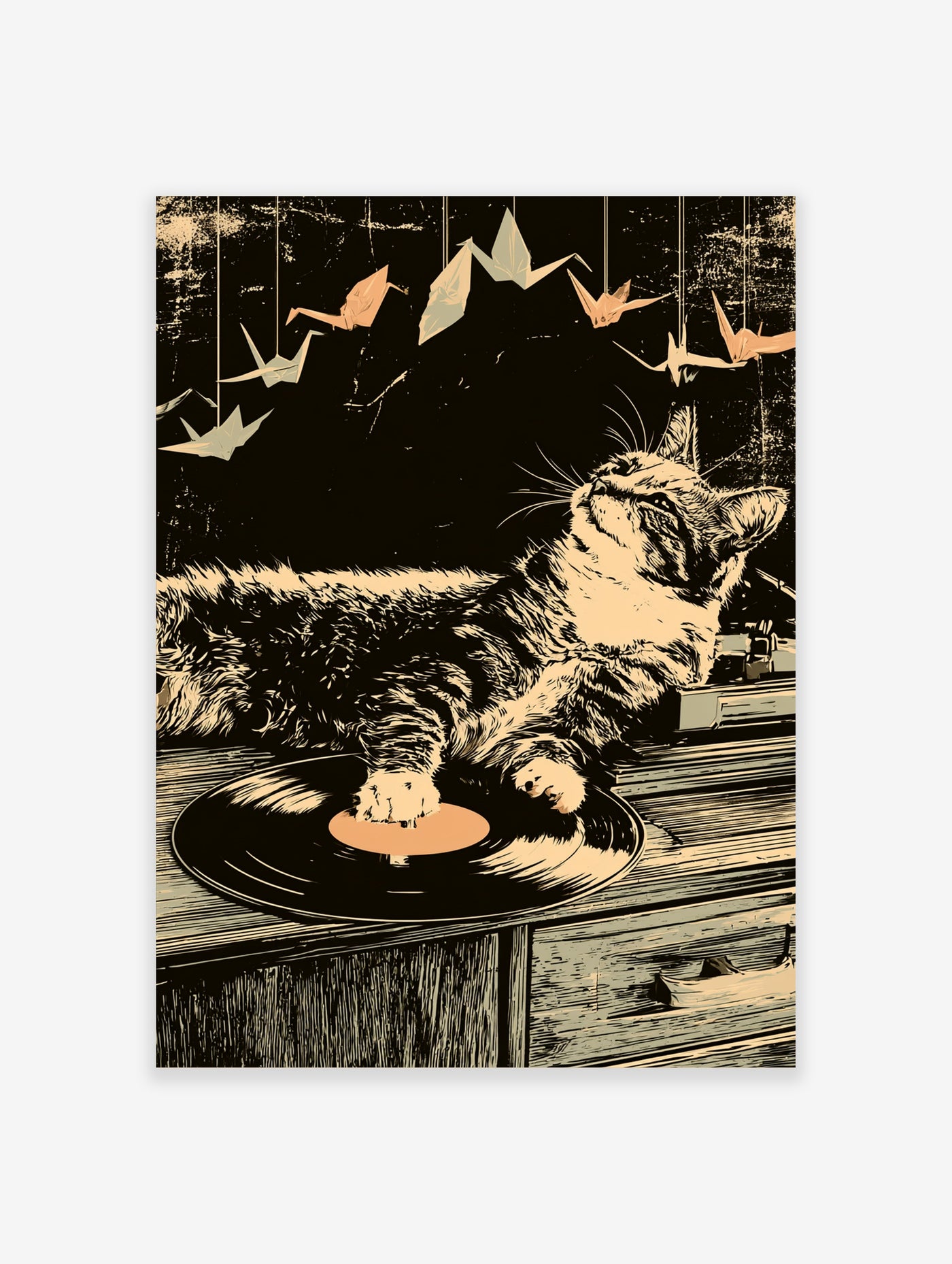 Cat lying on vinyl record with origami cranes hanging above, black and cream retro illustration print