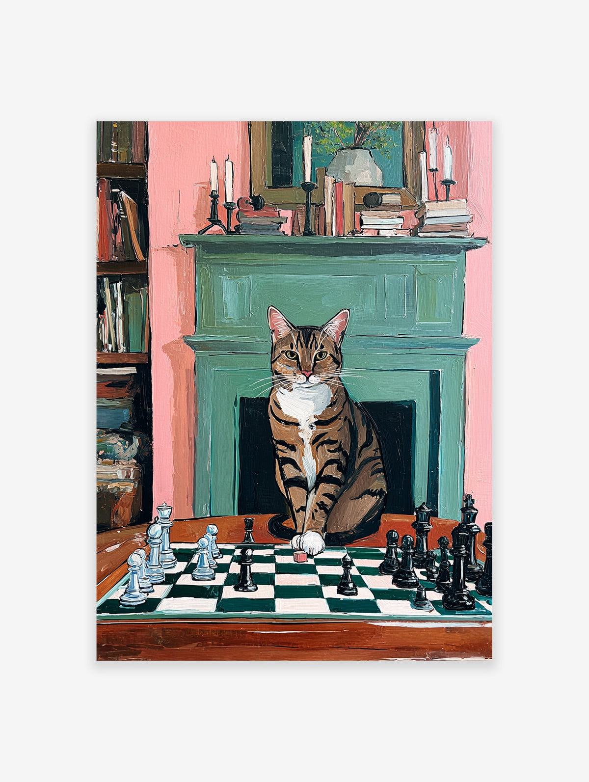 A painting poster of a tabby cat playing chess in a room with a fireplace and bookshelves.