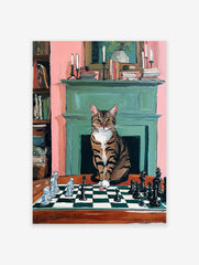 A painting poster of a tabby cat playing chess in a room with a fireplace and bookshelves.