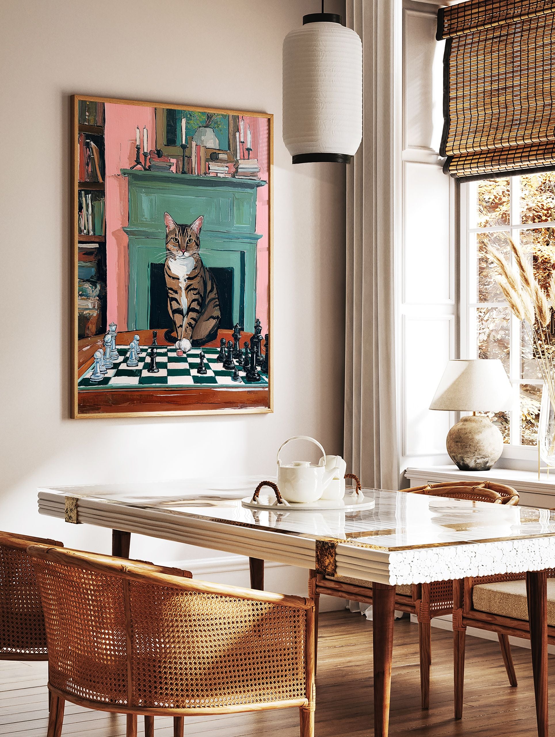 A painting poster of a tabby cat playing chess in a room with a fireplace and bookshelves. - Image 2