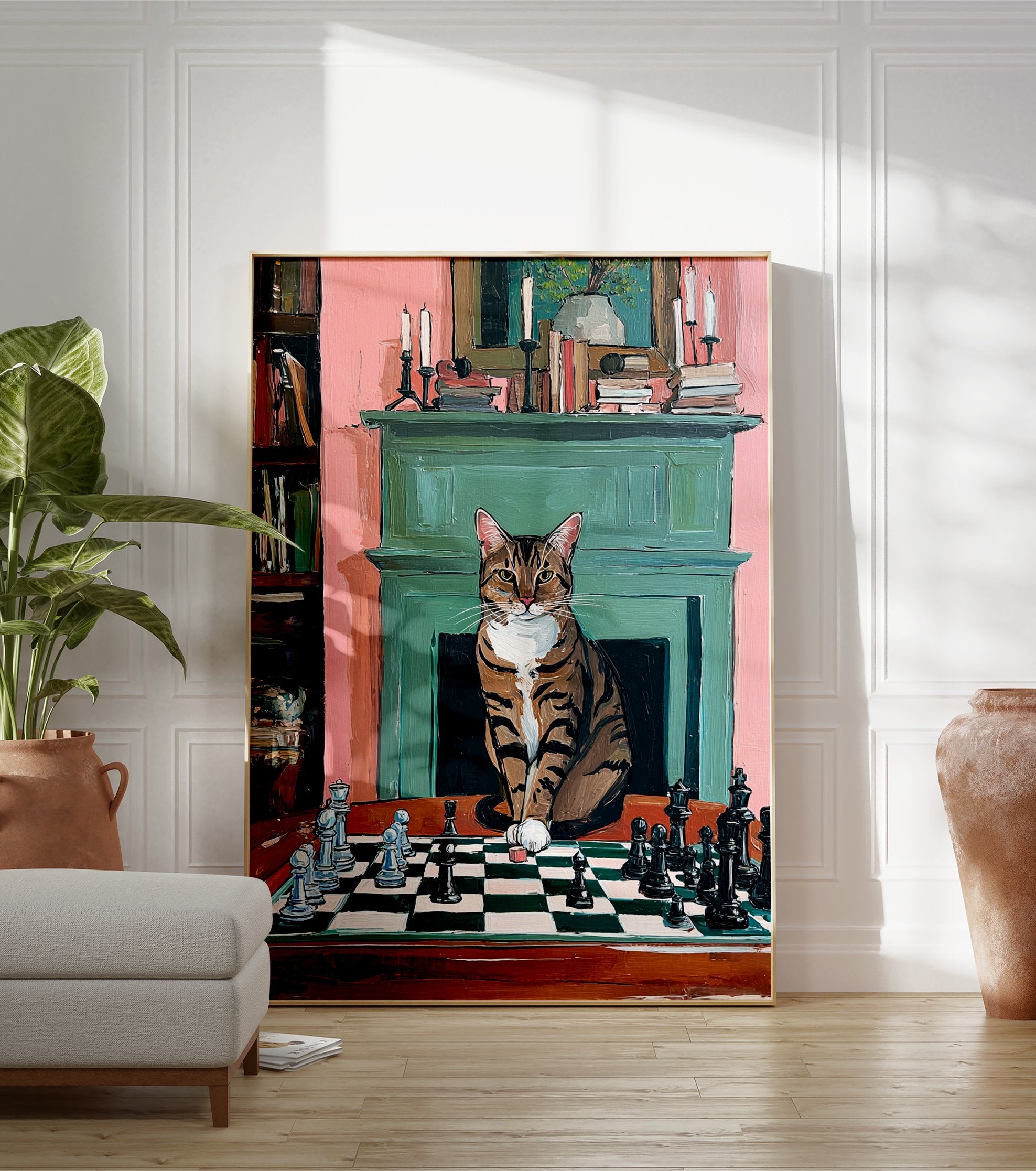 A painting poster of a tabby cat playing chess in a room with a fireplace and bookshelves. - Image 3