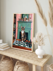 A painting poster of a tabby cat playing chess in a room with a fireplace and bookshelves. - Image 4