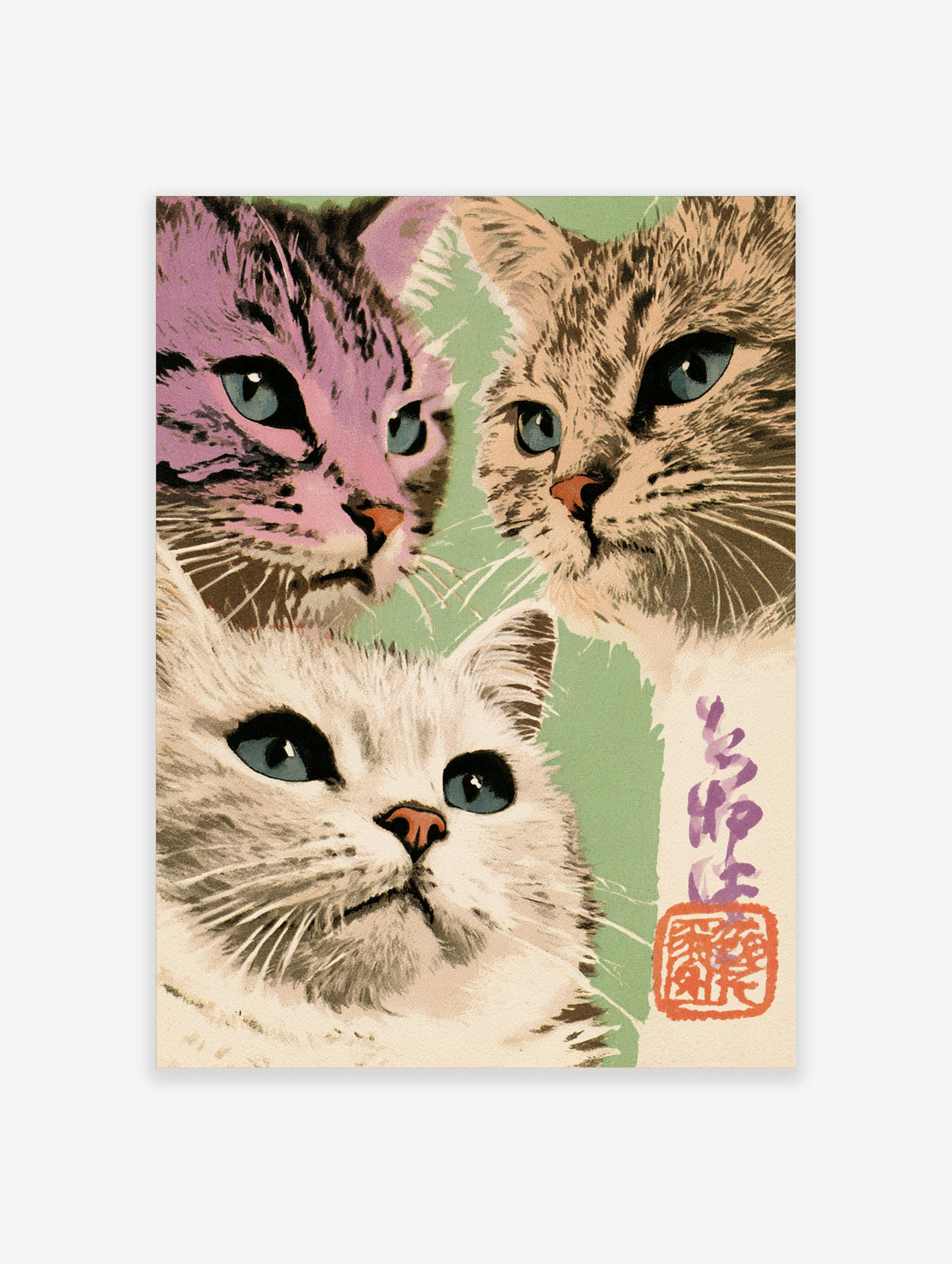 Three cat portrait art print with pink, tabby and white cats on a green background