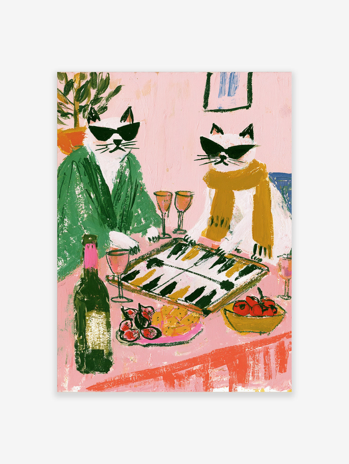 Pink cat poster of two white cats in sunglasses playing backgammon with wine and figs