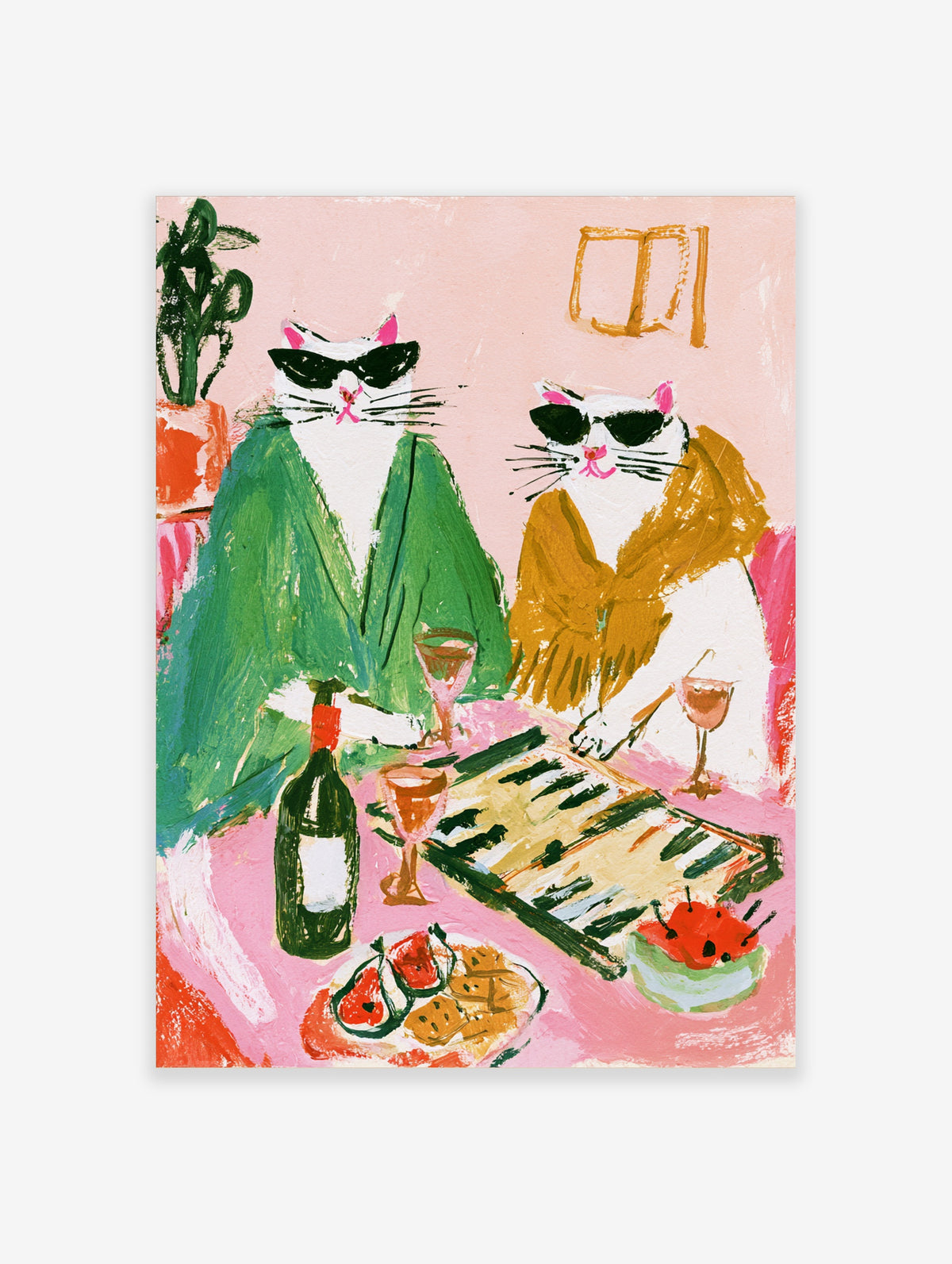 Cat poster of two white cats in sunglasses and robes playing backgammon at a pink table with wine and fruit