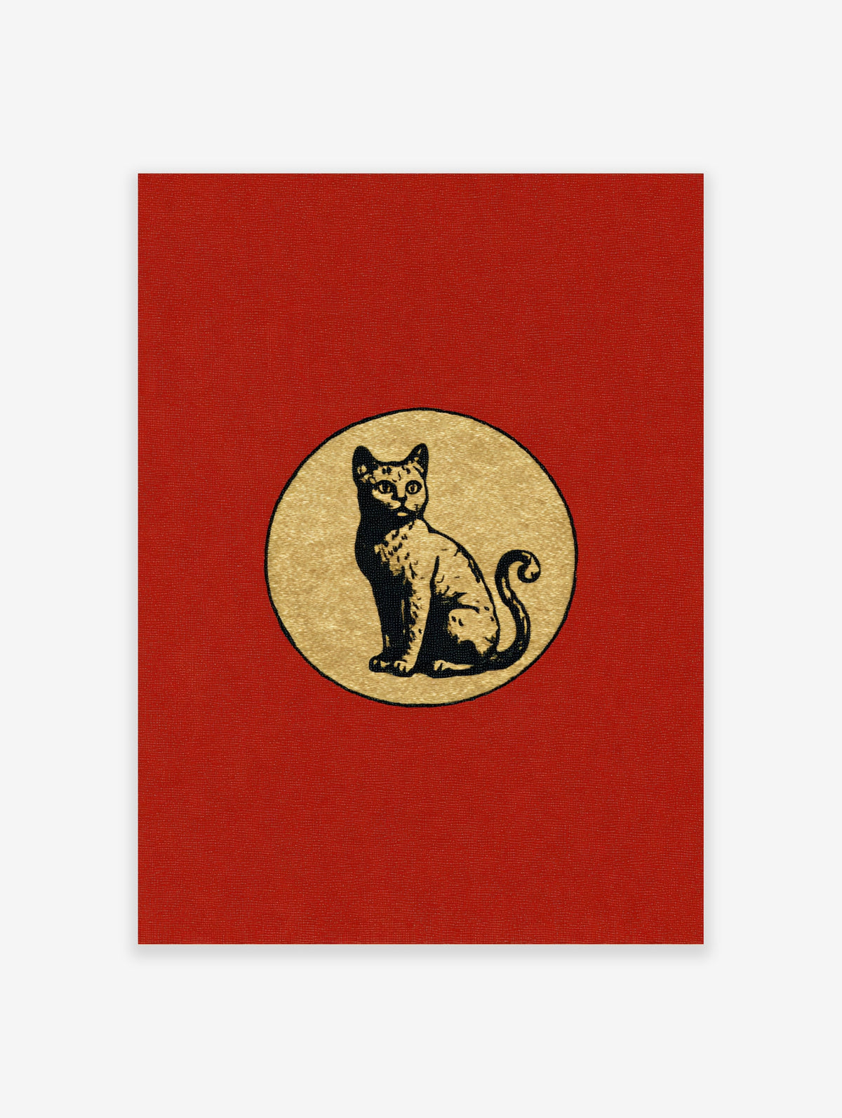 Vintage cat poster with black cat sitting in gold circle on red background