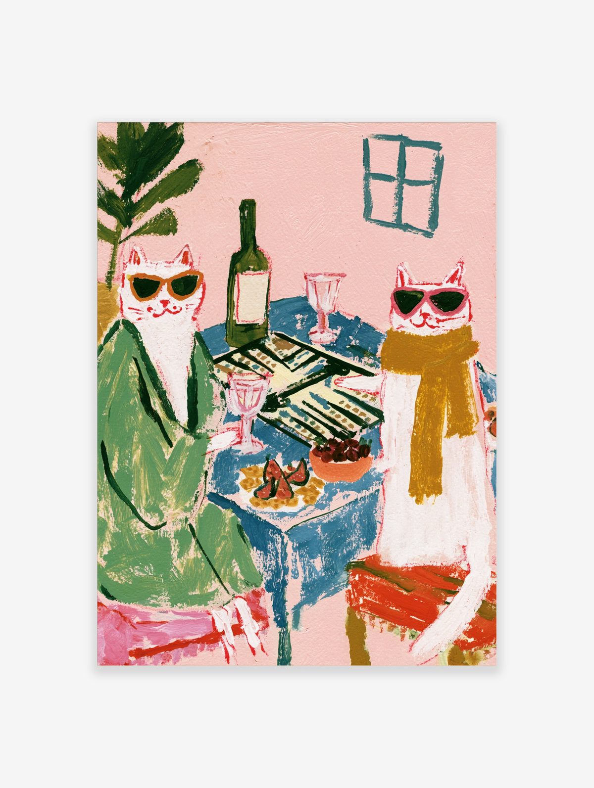 Two white cats in sunglasses at a blue table with wine, cheese and grapes, pink background