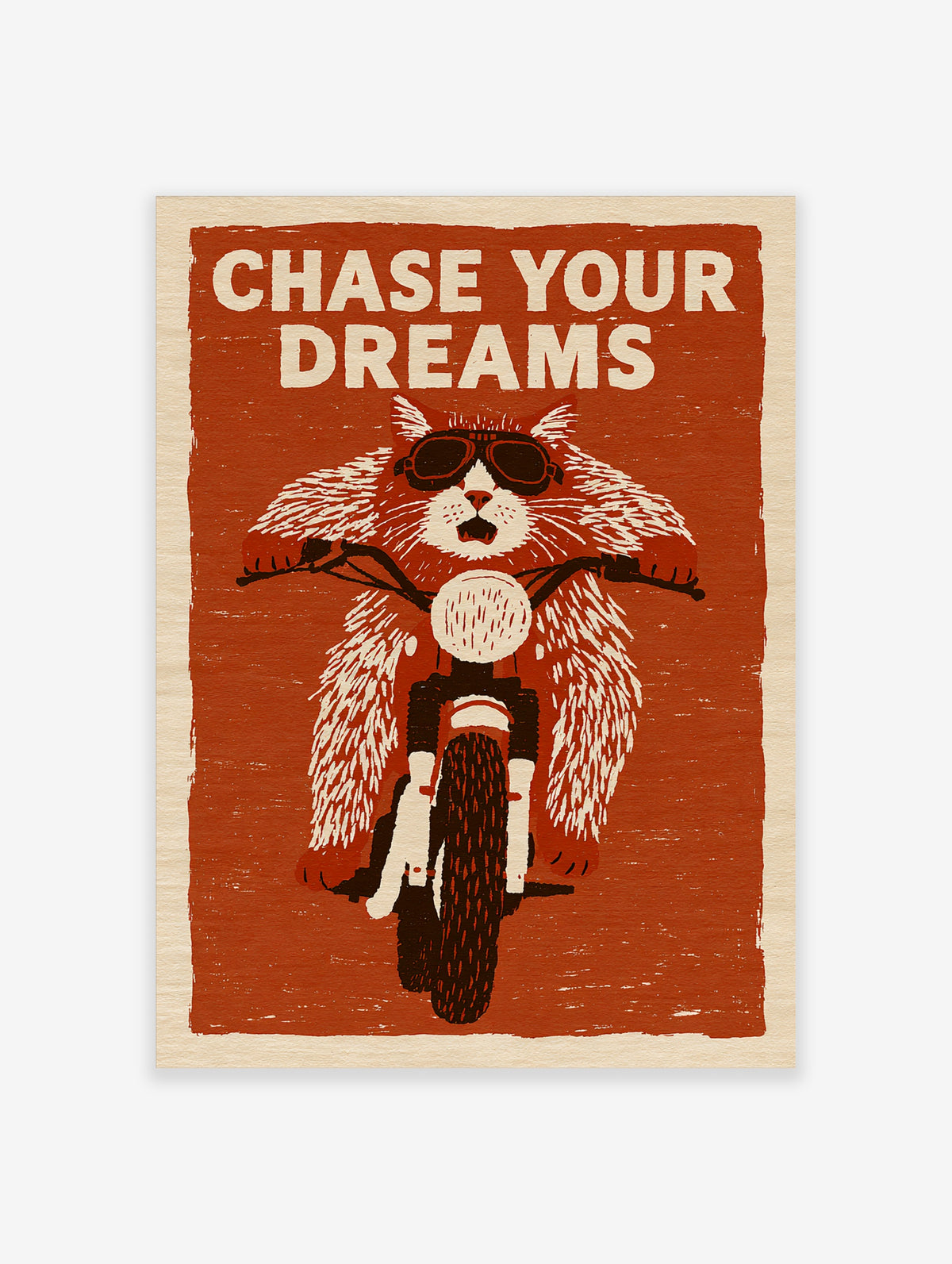 Illustration of a cat wearing goggles on a motorcycle with the text Chase Your Dreams on a textured red-orange background