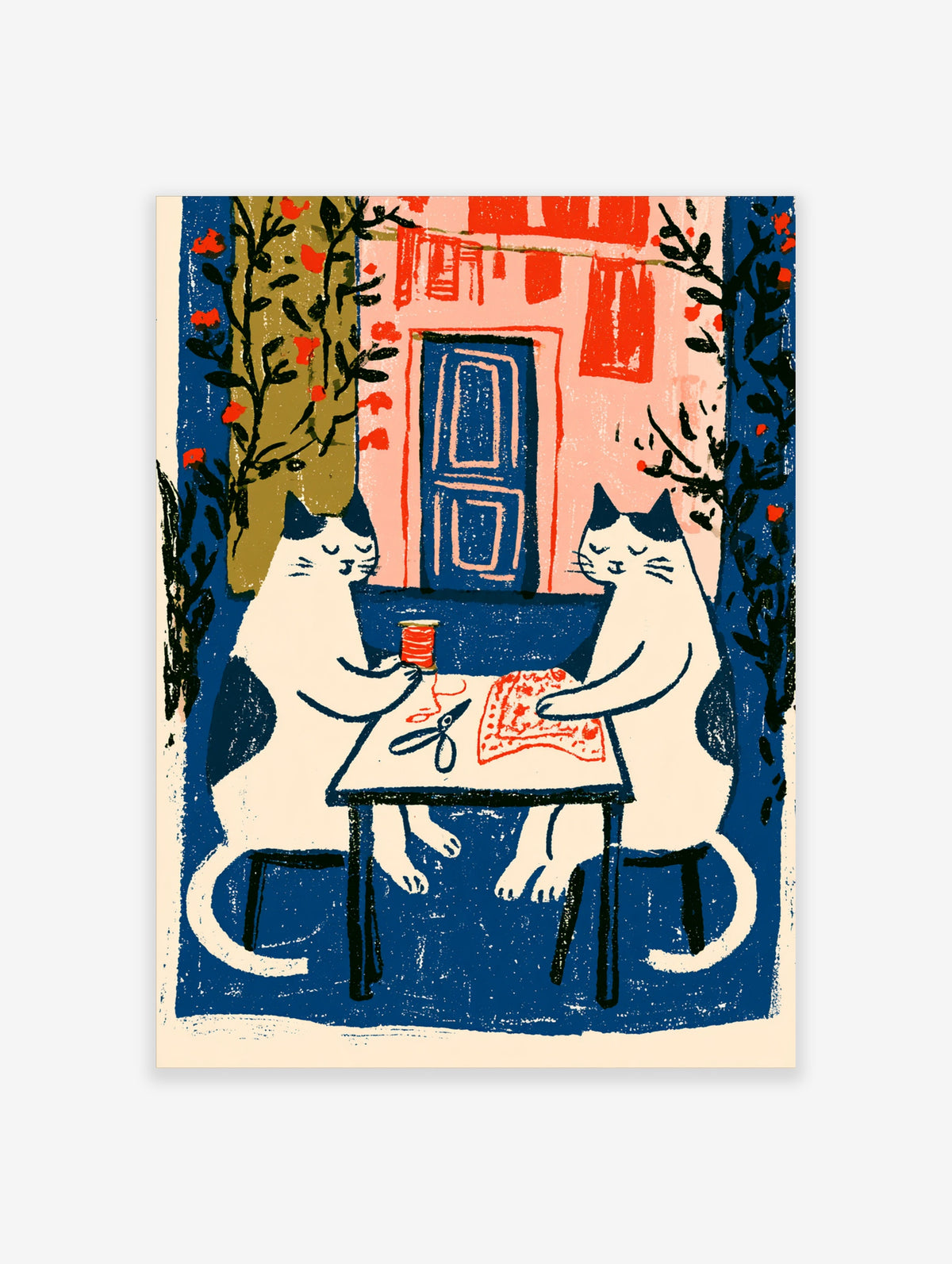 Two white cats sewing at a table with red thread and scissors, blue door and pink wall behind