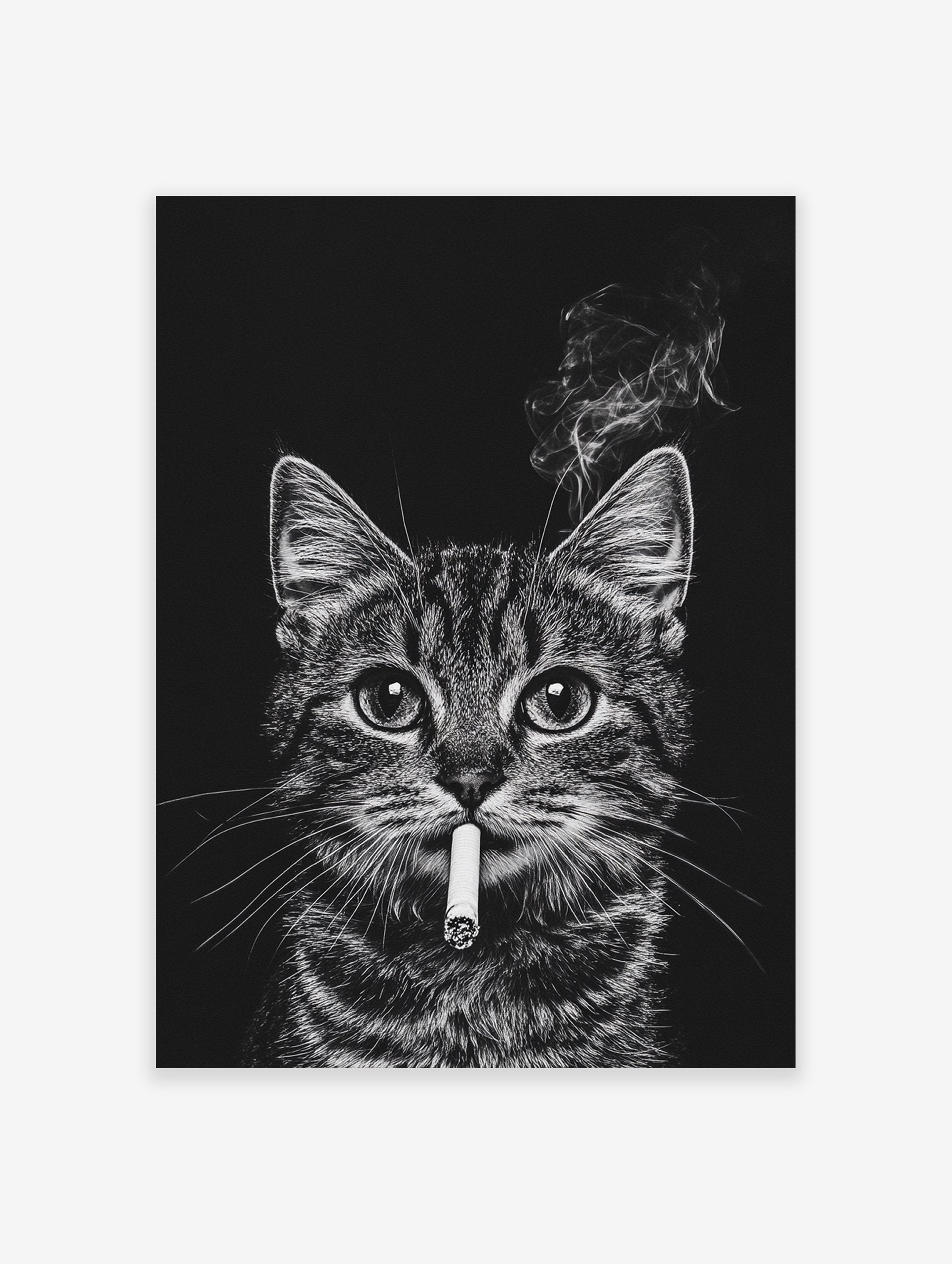 Black and white cat smoking cigarette poster with smoke rising against a dark background, a unique animal art print.
