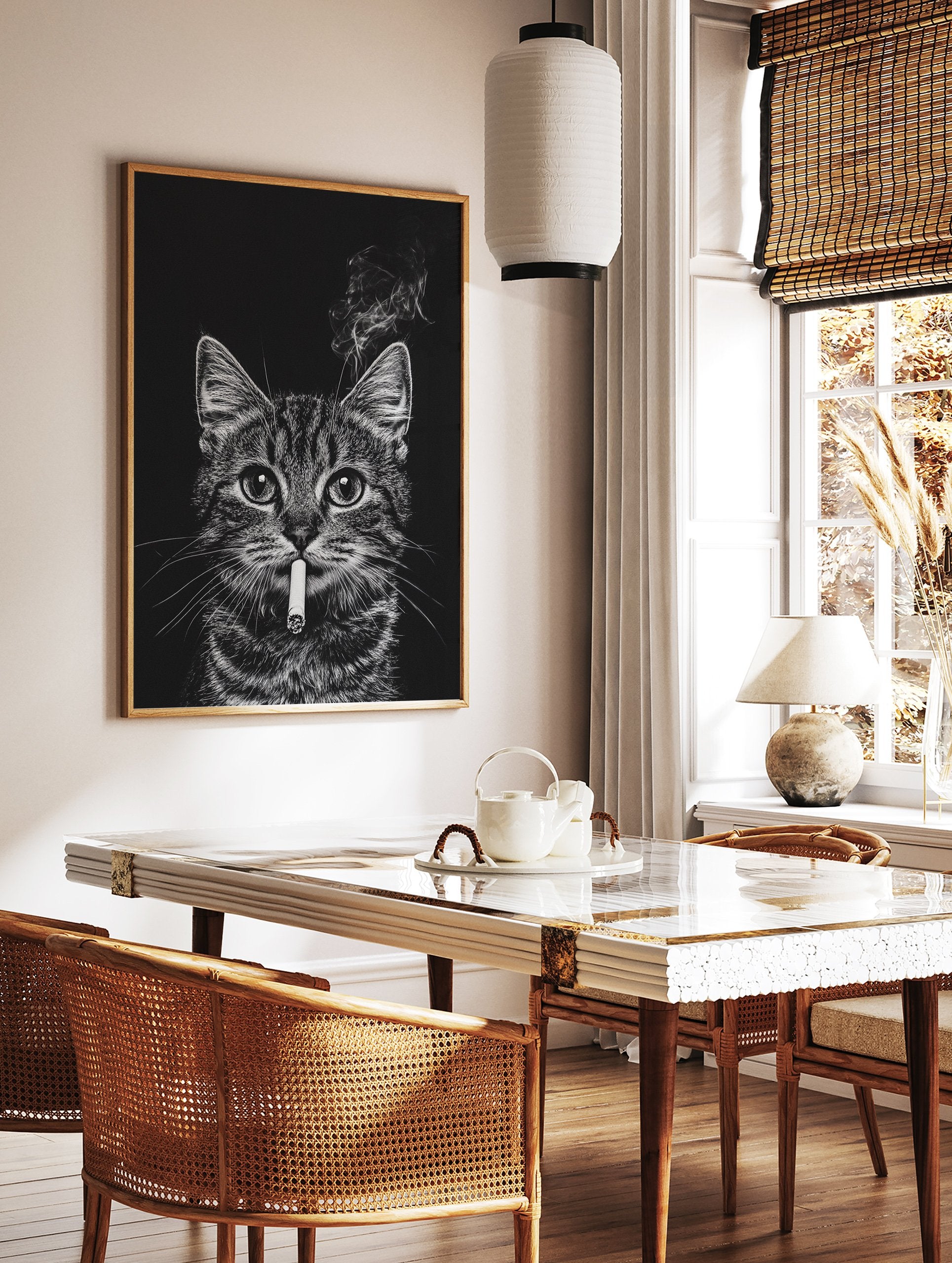 Black and white cat smoking cigarette poster with smoke rising against a dark background, a unique animal art print. - Image 2
