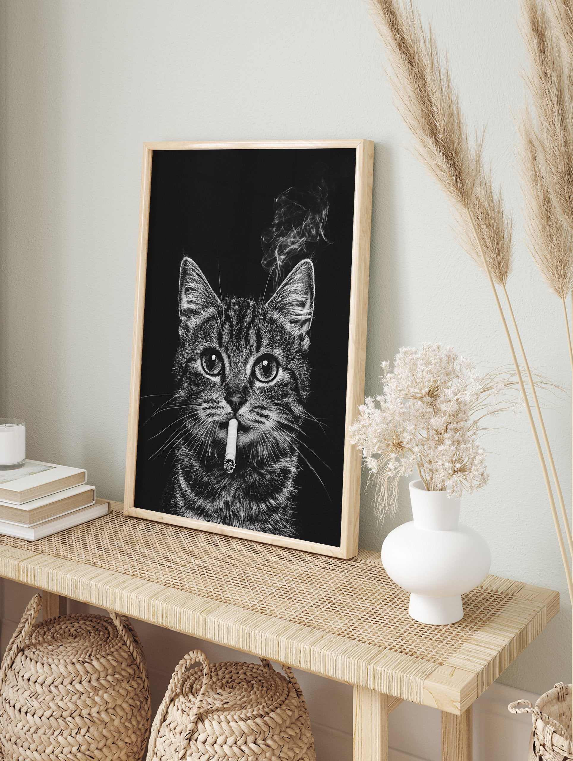 Black and white cat smoking cigarette poster with smoke rising against a dark background, a unique animal art print. - Image 4