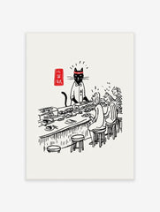 Illustrative print of a black cat sushi chef in uniform serving customers at a counter with Japanese text